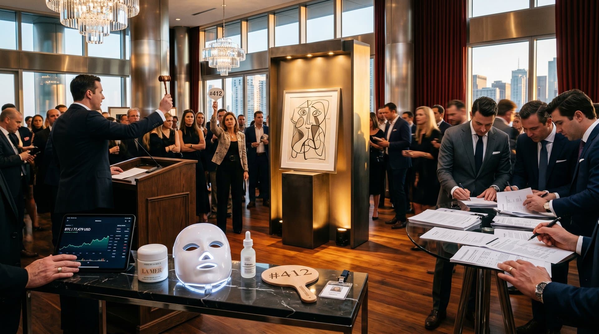 Auktionsraum mit Kunst, Crypto-Charts und Beauty-Tech-Elementen