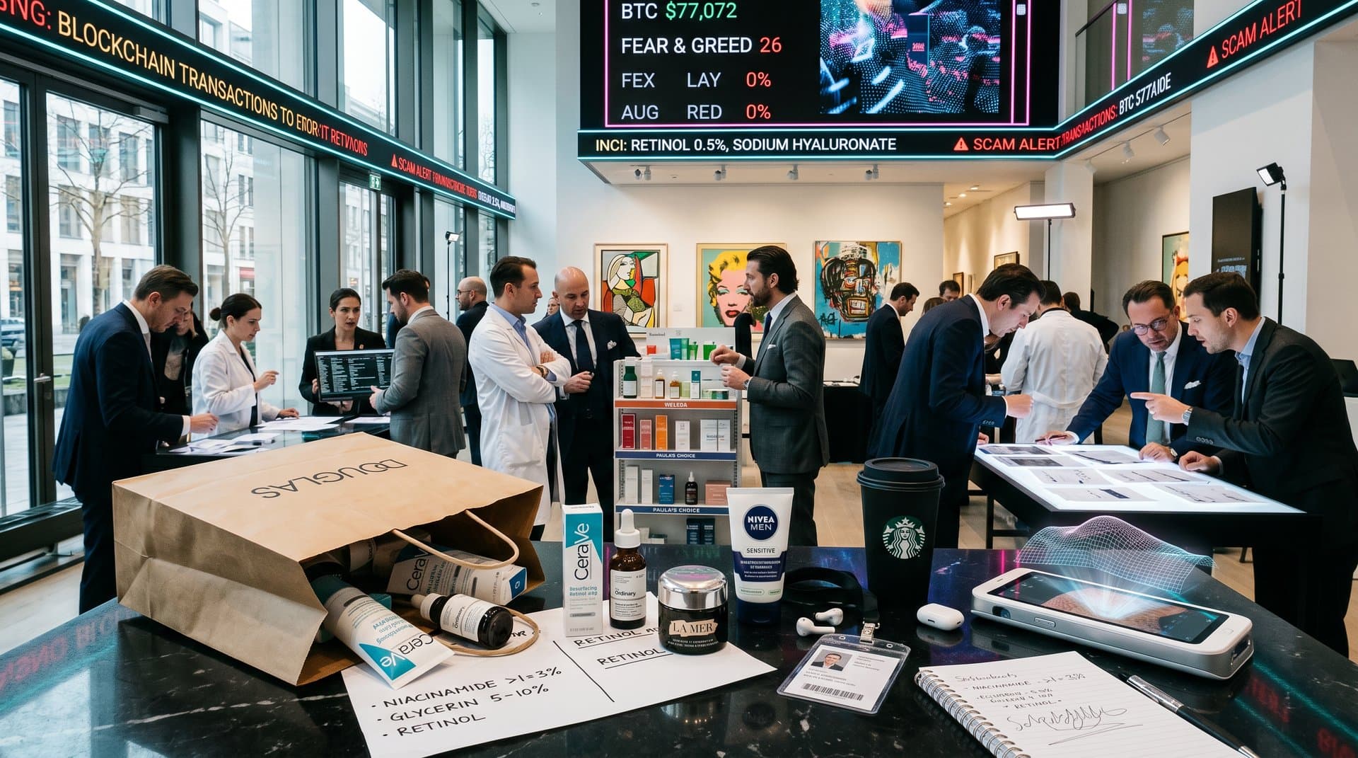 Blockchain-Analyse von Kunst und Beauty-INCI in moderner Halle mit Grooming-Produkten