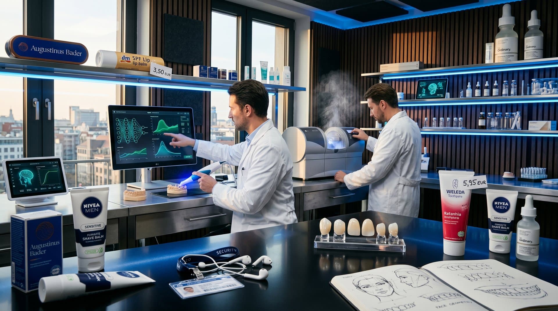 AI Dental CAD Labor mit Scannern, 3D-Modellen und Beauty-Pflegeprodukten in moderner Praxis