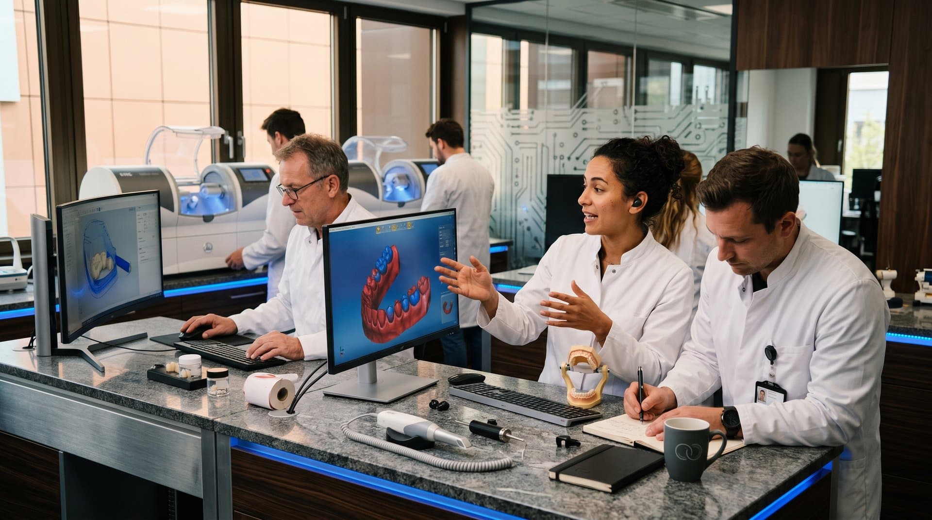 Zahntechniker am AI-CAD-Monitor in modernem Dentsply Sirona Lab mit 3D-Modellen und Fräsmaschinen