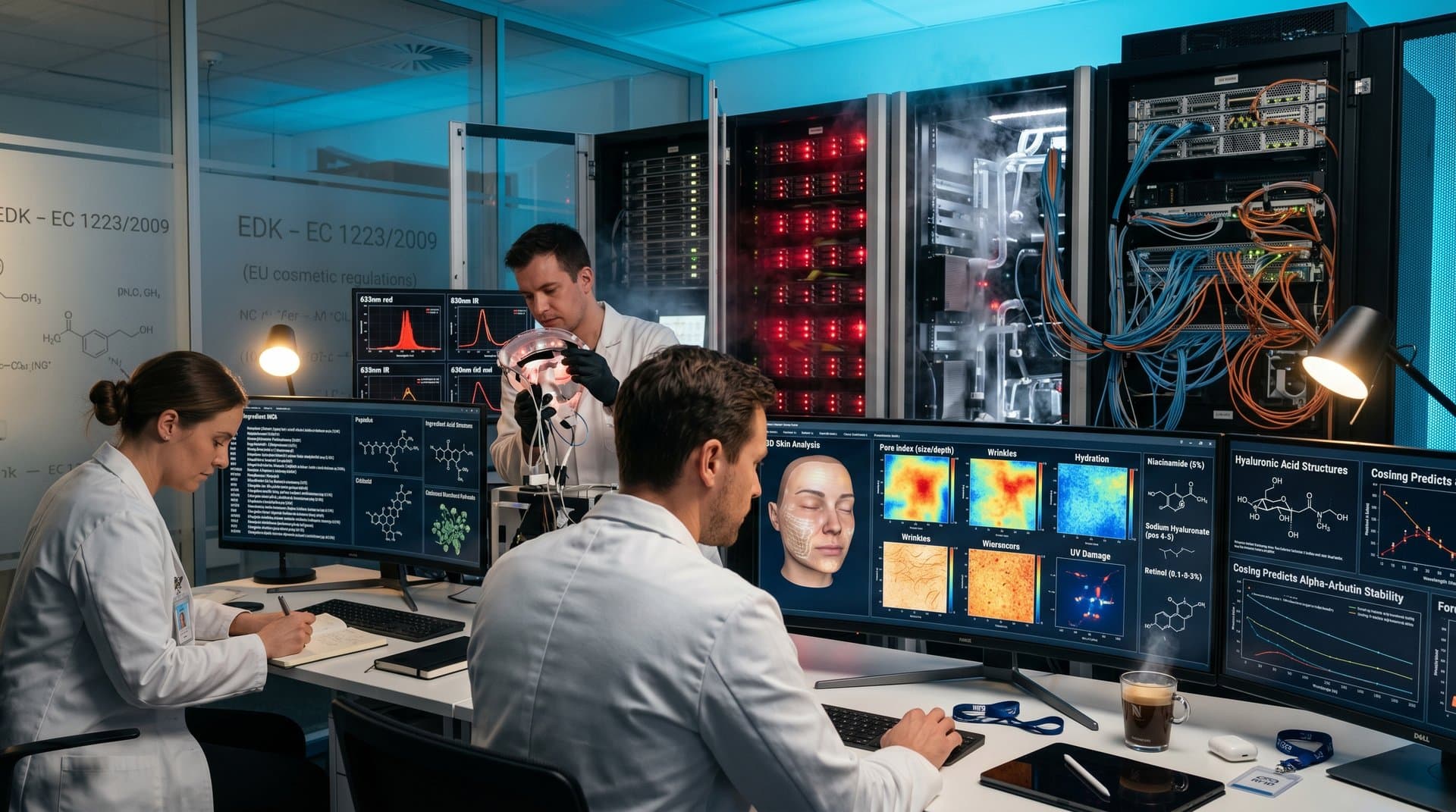 Futuristisches Beauty-Tech-Labor mit Nvidia-GPUs, 3D-Hautscans, INCI-Listen und AI-Creme-Algorithmen unter Neonlicht