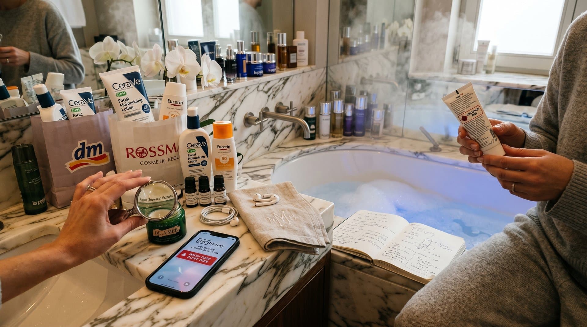 Echte vs. Fake-Luxuscreme in Badewanne mit INCI-Scan-App und dm-Tüten