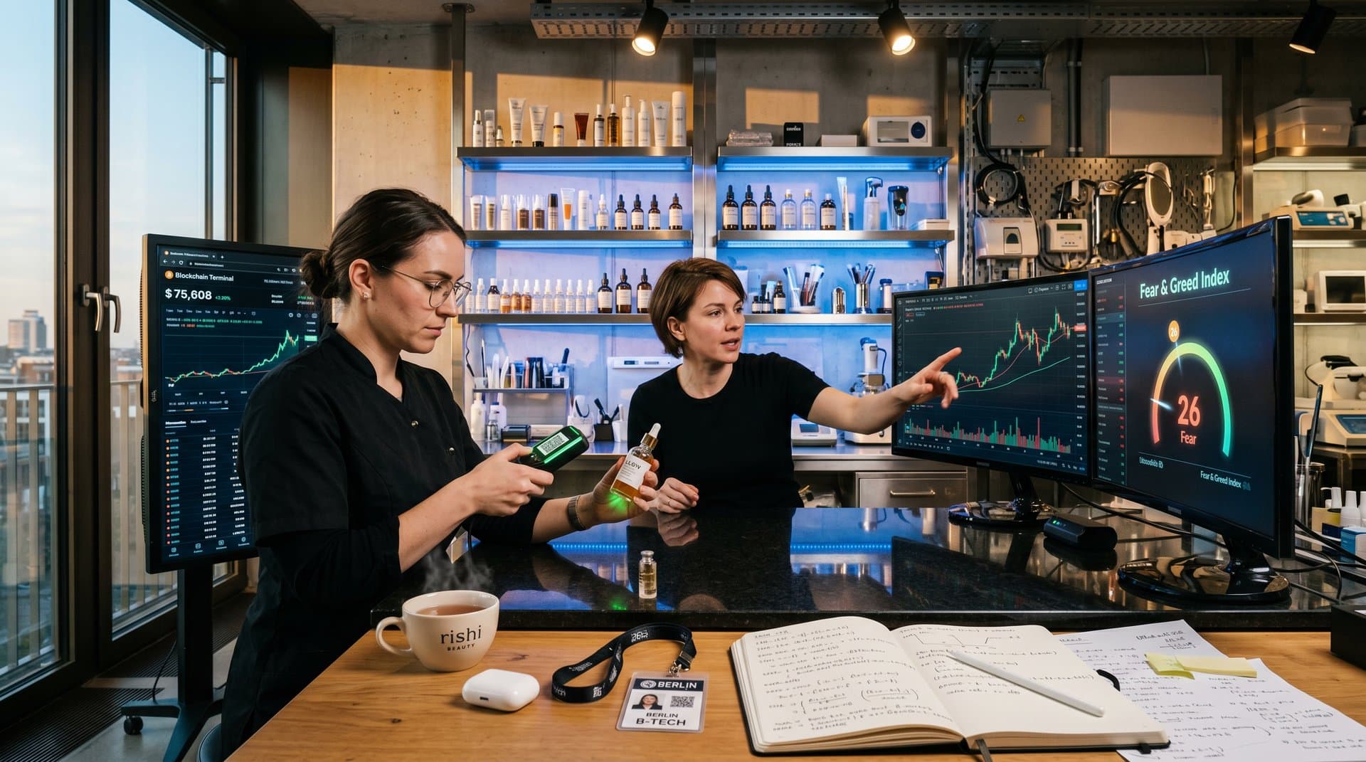 Beauty-Tech-Lab mit Blockchain-Terminal, Crypto-Charts und Serum-Flakons