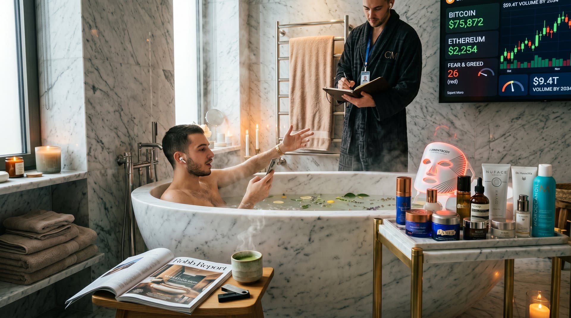 Luxus-Bad mit High-End-Beauty-Produkten und Krypto-Charts für Neureiche