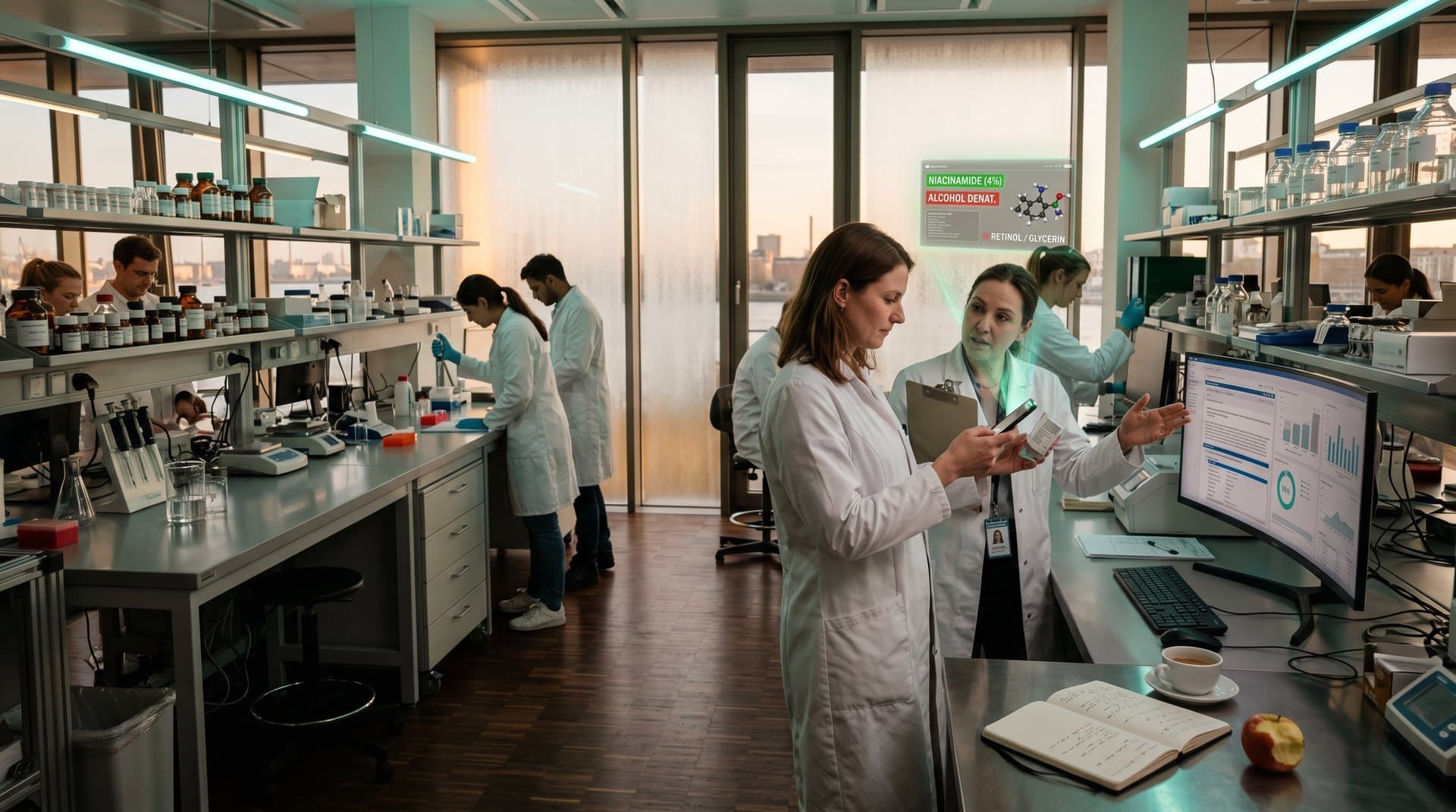 KI scannt Pflegeetiketten in modernem Labor: INCI-Analyse mit Risiko-Charts und Serum-Vials