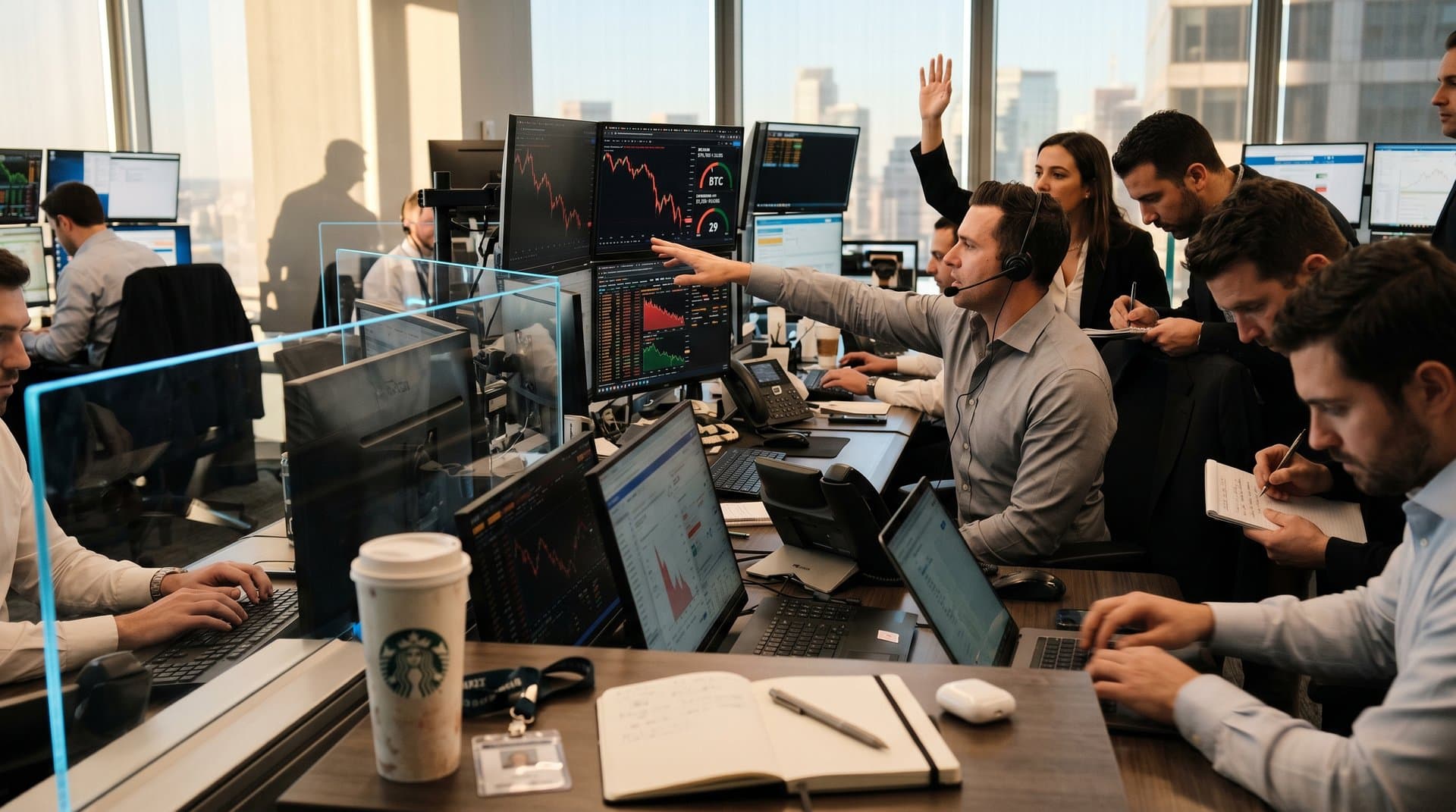 Crypto-Charts auf Trading-Monitore mit Luxus-Grooming-Produkten im Vordergrund