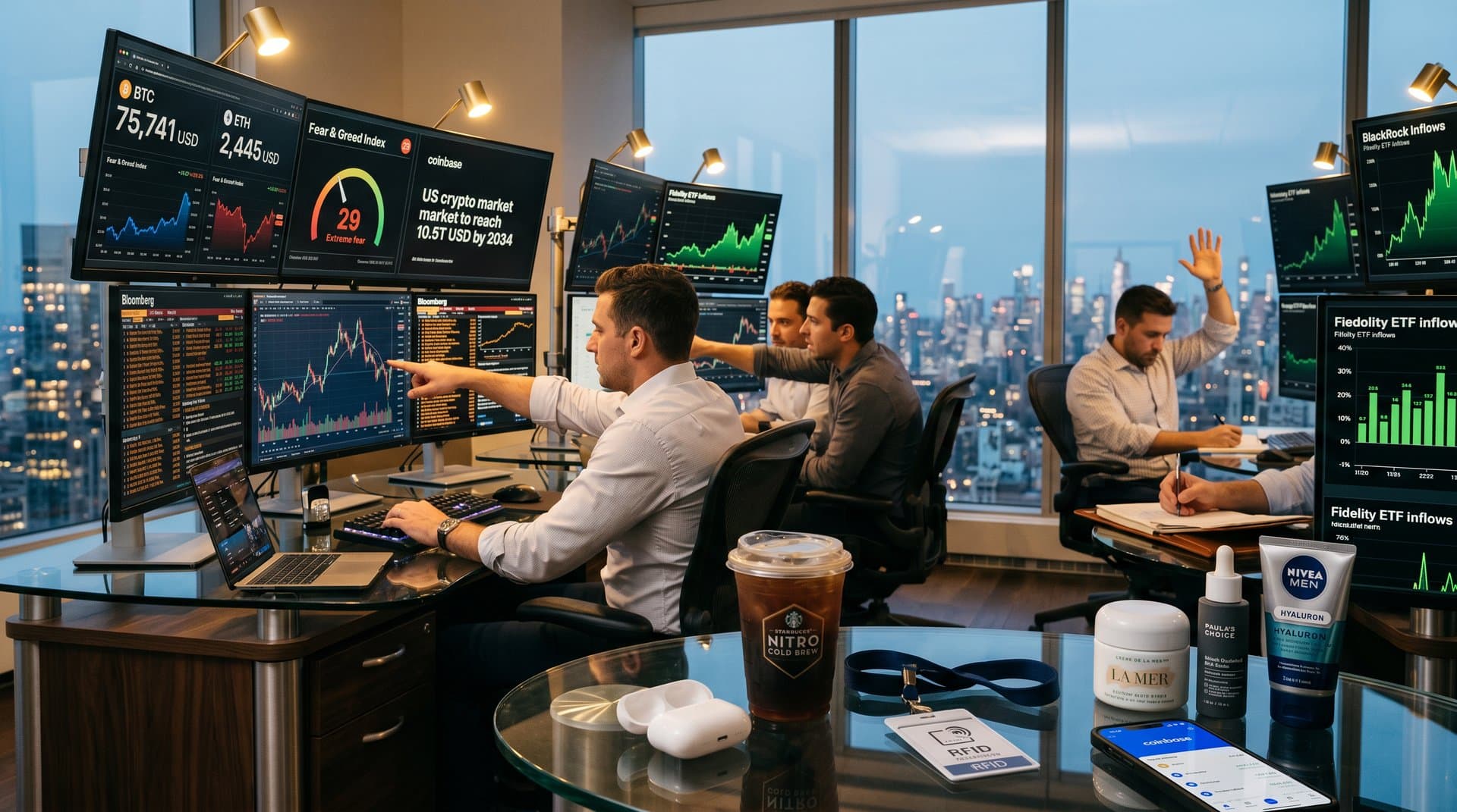 Crypto-Charts mit BTC 75.741 USD, US Cryptocurrency Market-Prognose 2034 und Beauty-Produkten auf Trading-Desk