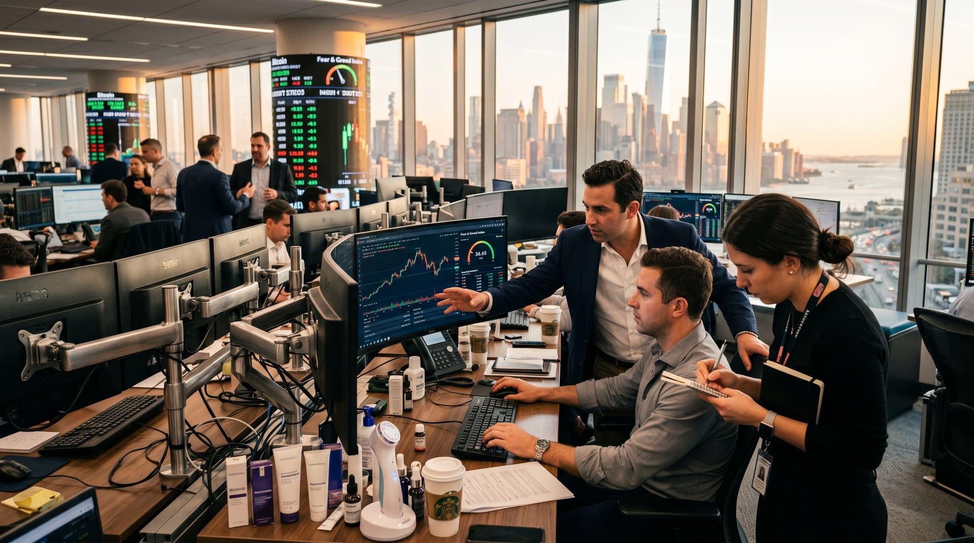 Trading-Desk mit Crypto-Charts, BTC 75.614 USD und Luxus-Skincare-Produkten vor Wall Street
