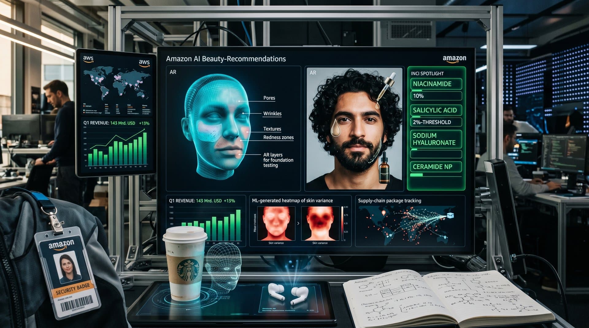 Digitale Amazon AI Beauty-Analyse mit INCI-Listen, AR-Try-Ons und Q1-Umsatz-Charts