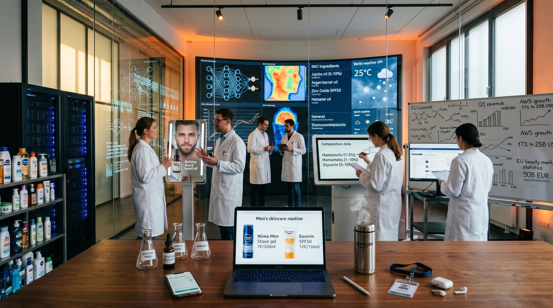 Amazon AI-Labor mit Videowand zu Beauty-Empfehlungen und INCI-Daten auf Monitoren