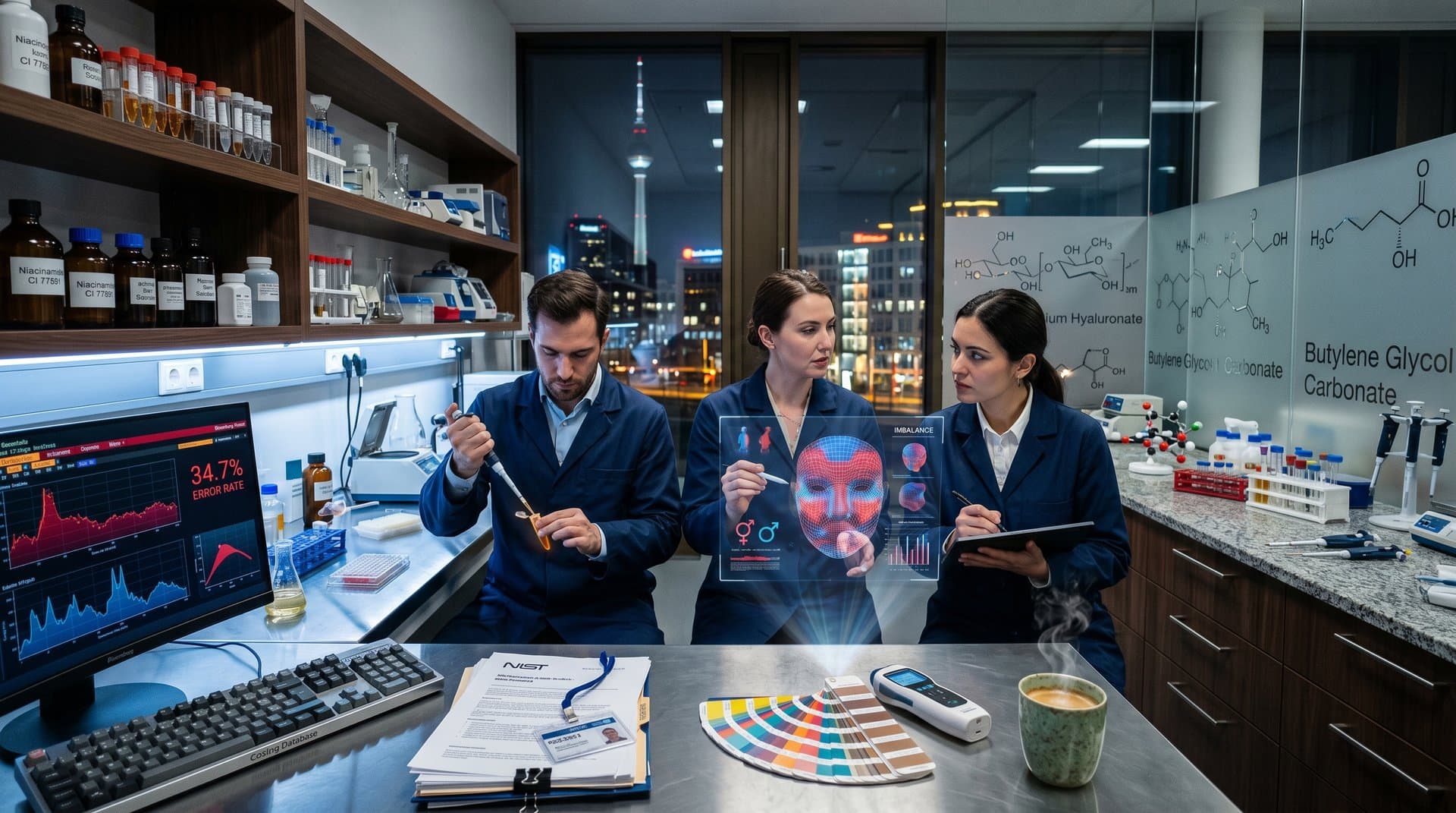 Abstraktes Labor mit Monitoren zu Geschlechterbias in KI für Beauty-Apps, Tech-Elemente und Glas-Schreibtische