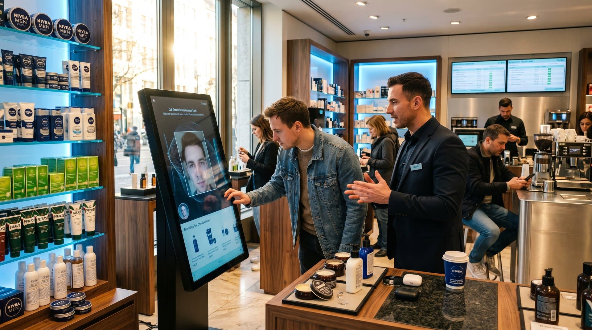 AI-Kiosk in Douglas-Store mit Herrenpflege-Empfehlungen und Produkt-Testern