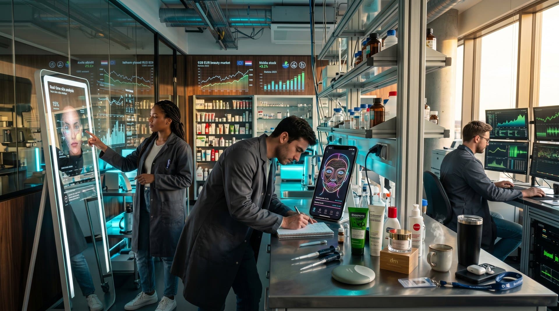 Nvidia AI Beauty Tools: Präzise Hautanalyse in Tech-Labor mit Drogerieprodukten und Smart-Spiegel