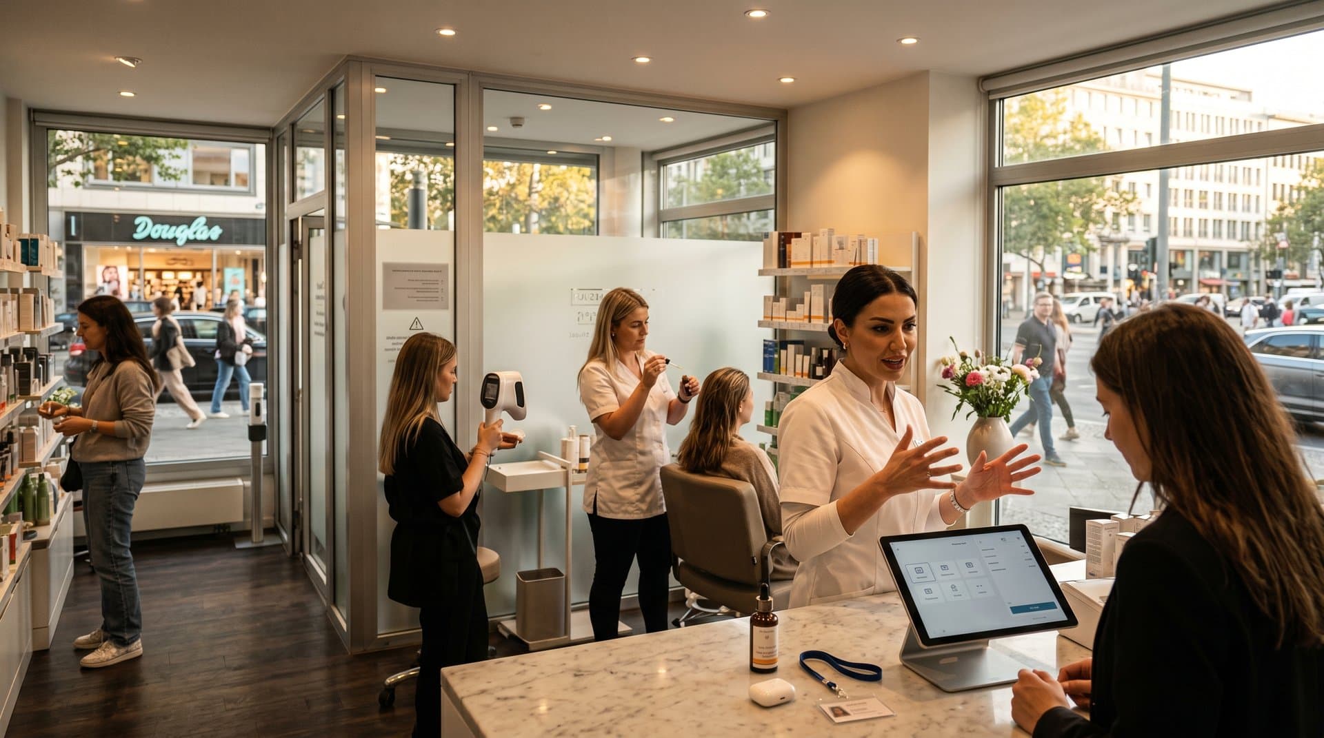 Beauty-Salon-Tresen mit sicheren Zahlungsterminals, clean Beauty-Produkten und MiCA-Schild in Berlin