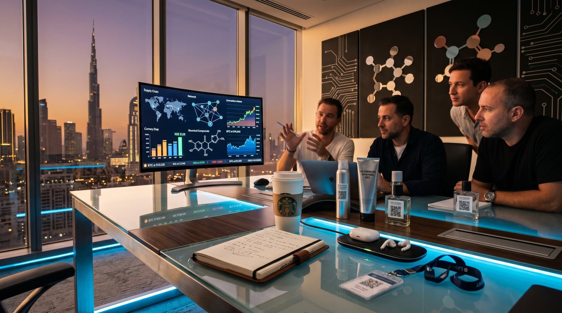 Dubai boardroom with BTC charts and blockchain skincare visuals against skyline