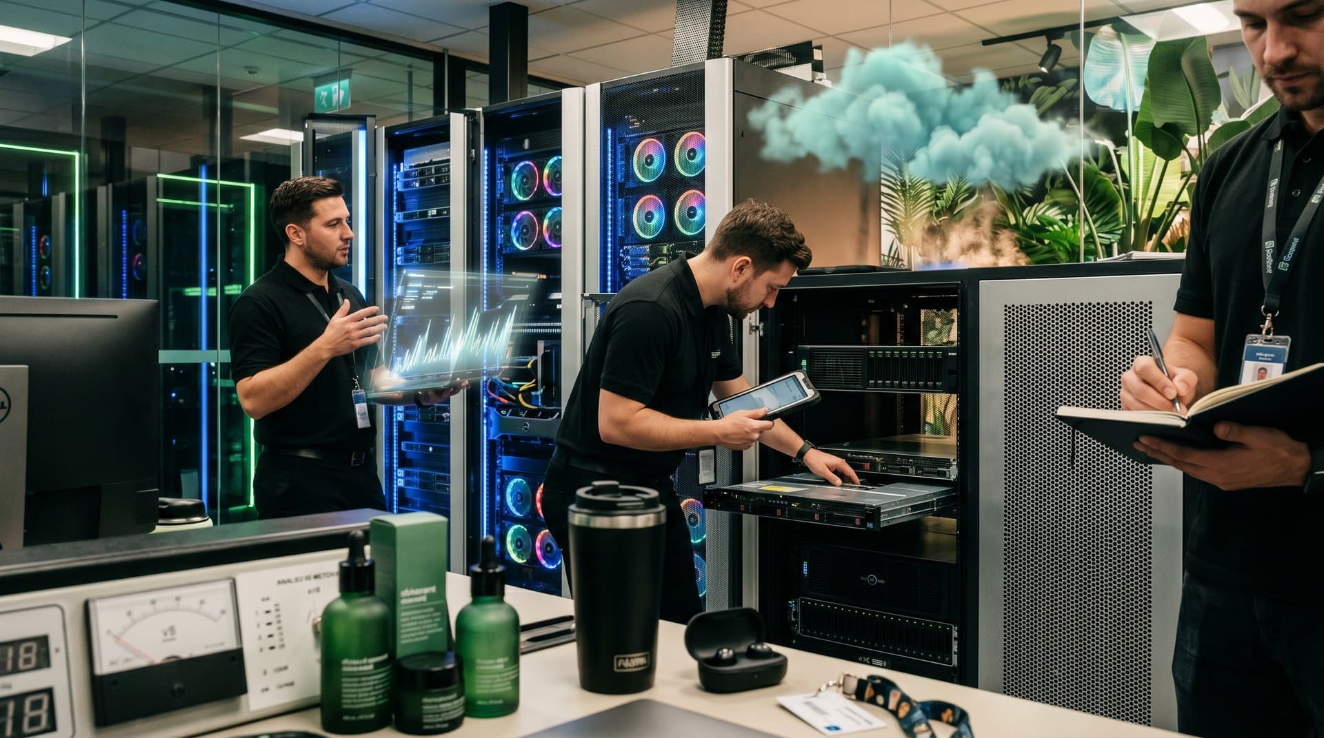 Data-Center mit Servern, Energie-Meter 18x und Beauty-Produkten symbolisiert grüne Kryptowährung Energieverbrauch