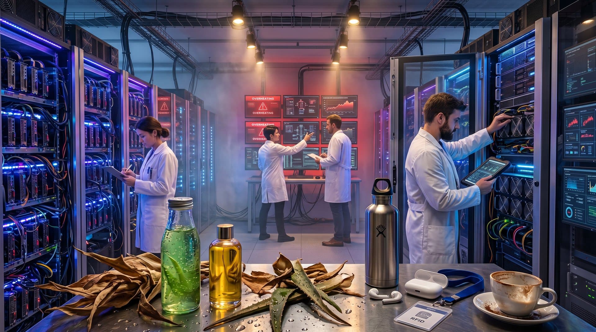 Crypto-Mining-Server in Data-Center neben Beauty-Inhaltsstoffen wie Aloe und Arganöl, Energie-Charts auf Monitor