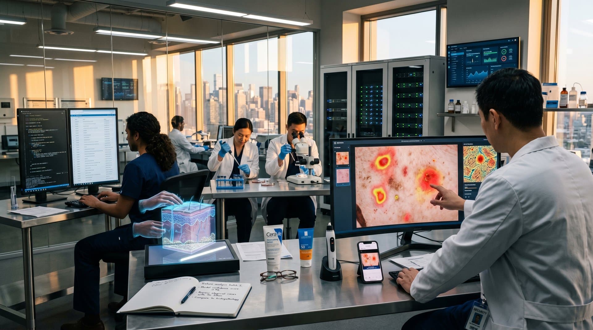AI-gestützte Hautdiagnostik in modernem Labor: Heatmaps auf Monitor, Dermatoskop und Beauty-Tech-Gadgets.