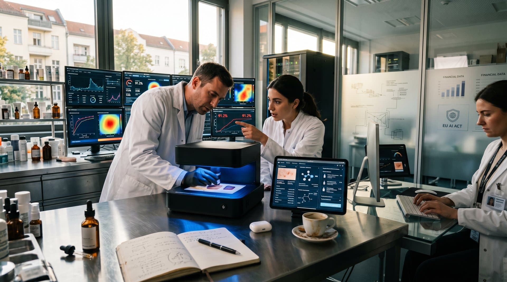 Abstrakte KI-Hautanalyse in Beauty-Tech-Labor mit Scans, Graphen, INCI-Listen und LED-Servern