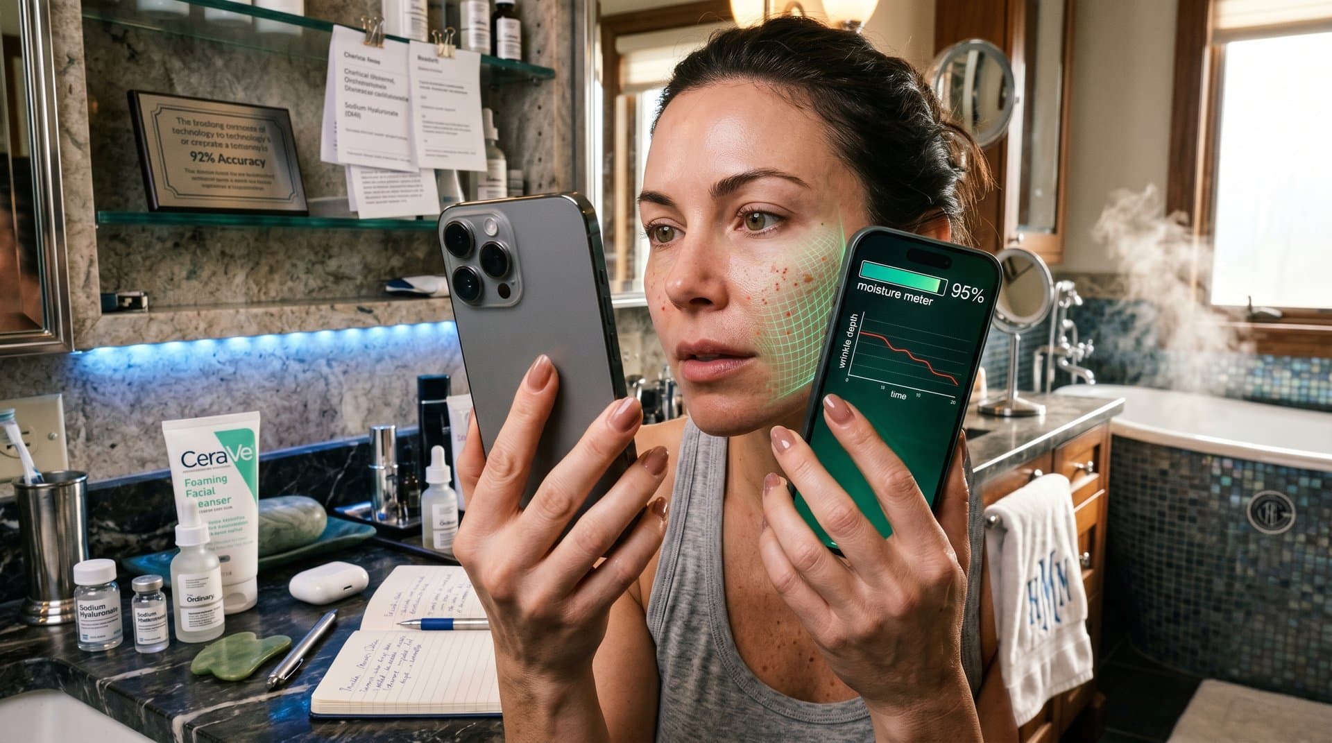 Smartphone scannt Haut mit KI-Overlay: Poren, Pigmentflecken und Feuchtigkeitsdiagramm