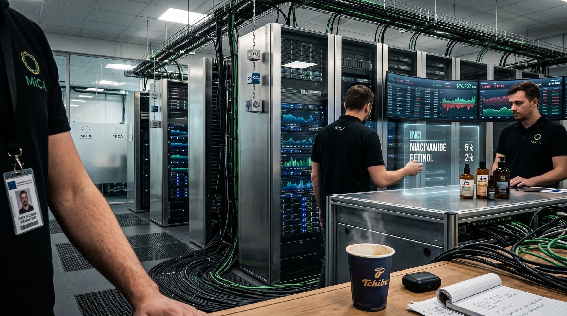 Futuristisches Data Center mit Crypto-Energie-Graphen, Beauty-Produkten und EU-MiCA-Logos symbolisiert Greenwashing in nachhaltiger Beauty