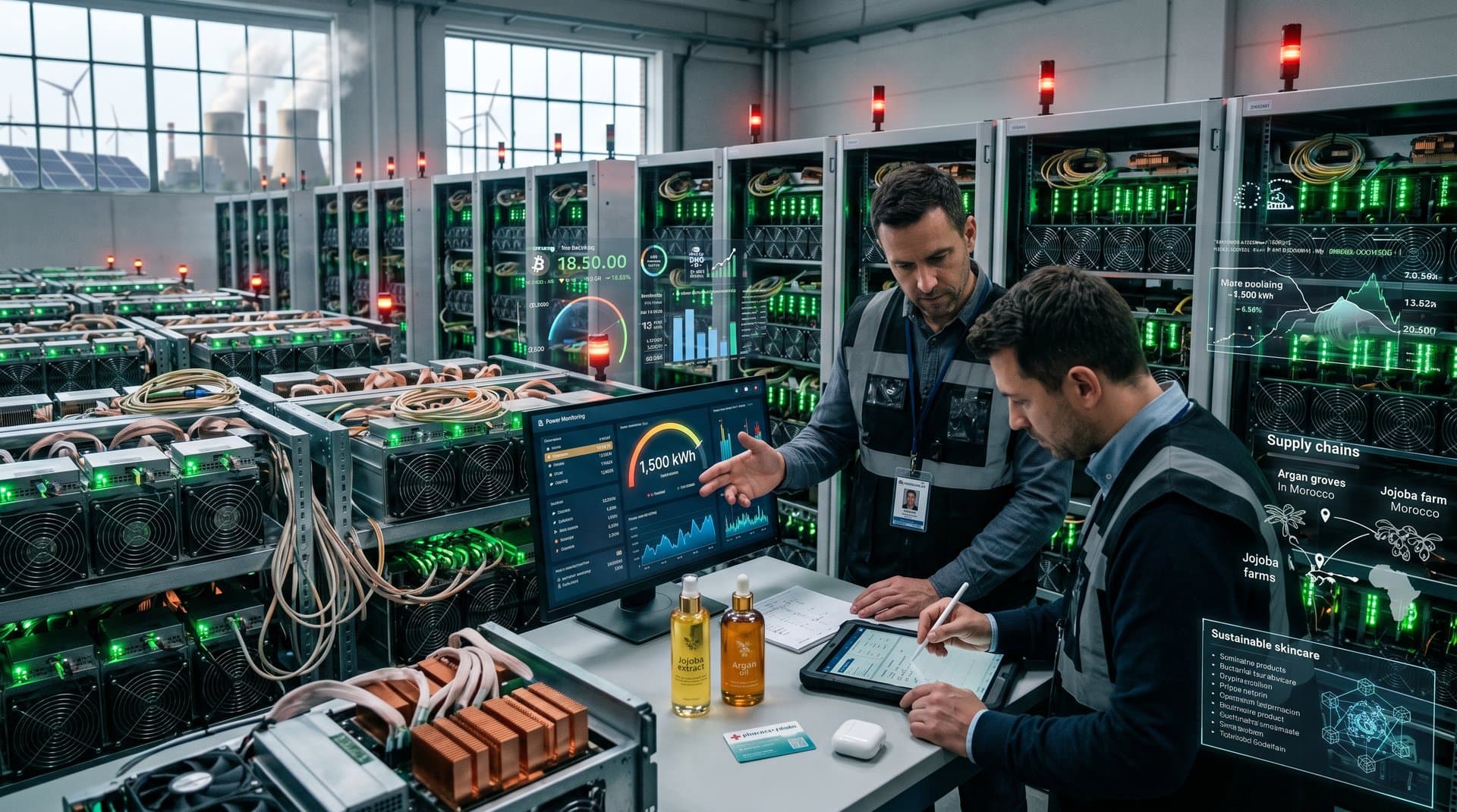 Crypto-Mining-Server neben nachhaltigen Beauty-Zutaten und Energie-Charts