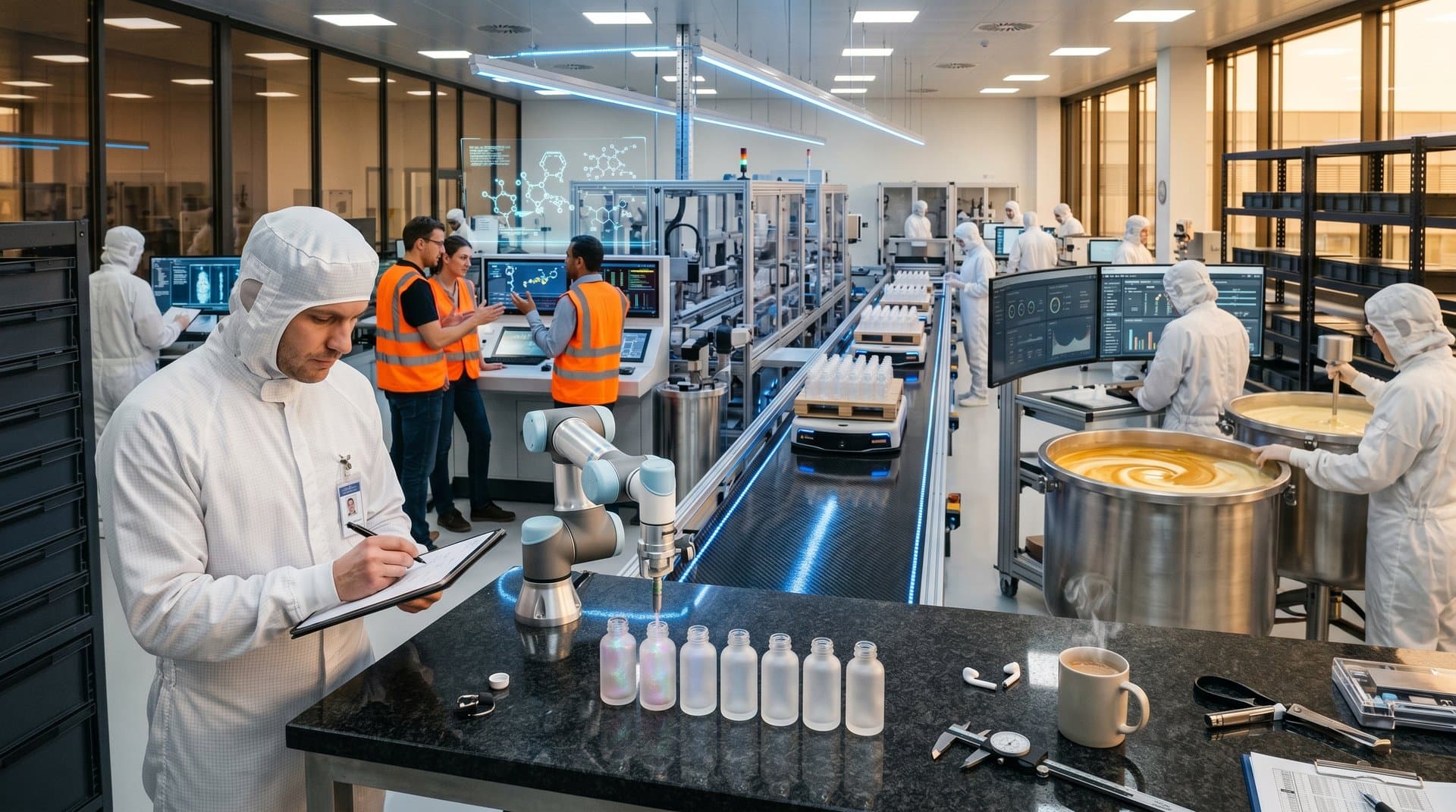 Robotic arm dispenses serum in AI-driven grooming production line at Siemens Amberg smart factory with monitors and AGVs