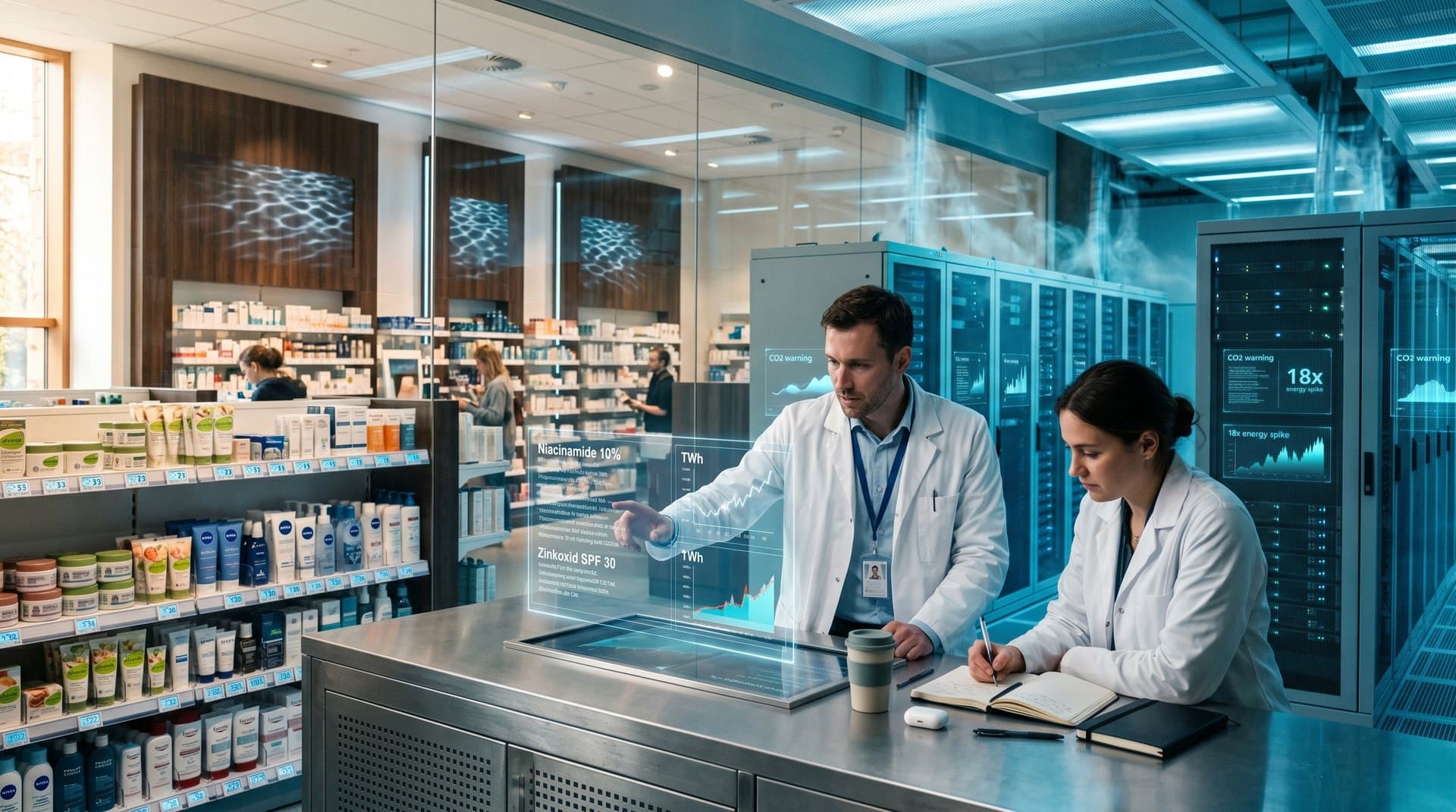 Server-Racks mit 18x Crypto-Energie-Graphen, INCI-Listen von Clean-Beauty-Produkten und dm-Regalen in High-Tech-Design