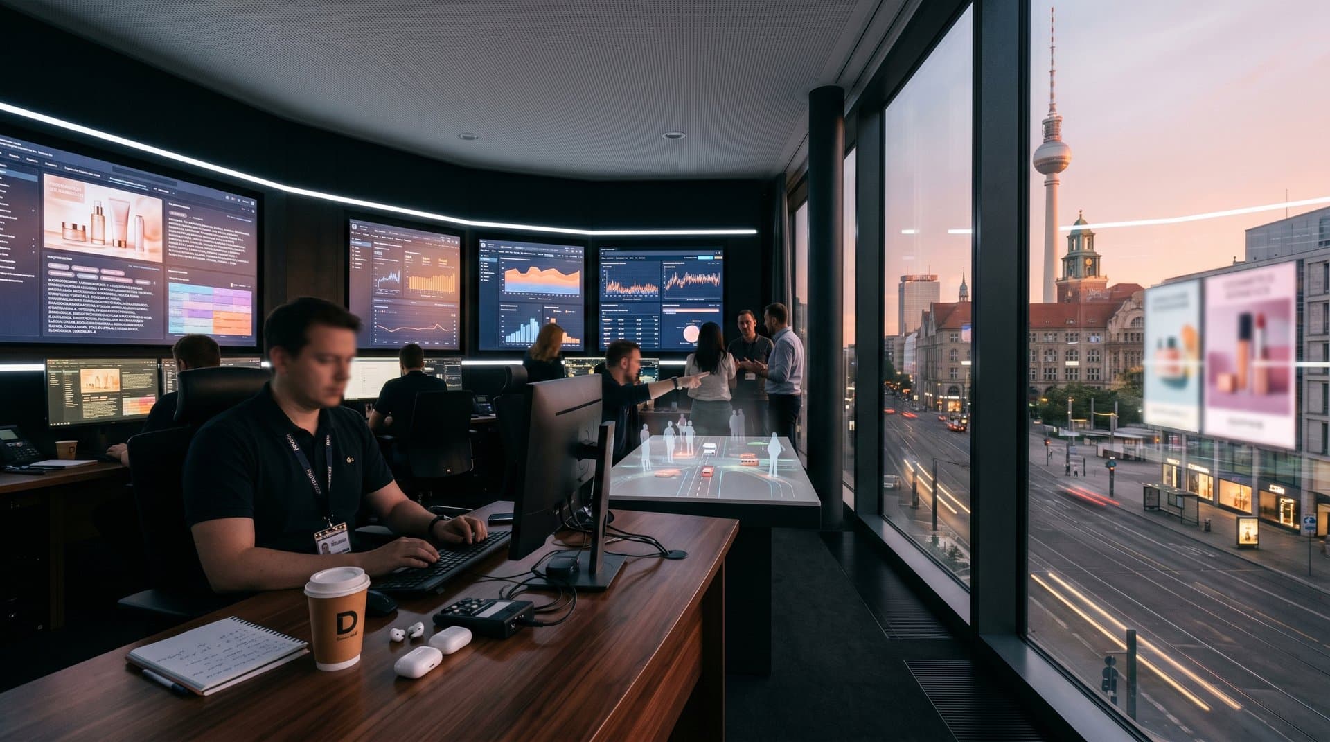 AI-Dashboards und Live-OOH-Feeds in modernem Agentur-Kontrollraum mit Stadtblick auf Beauty-Billboards