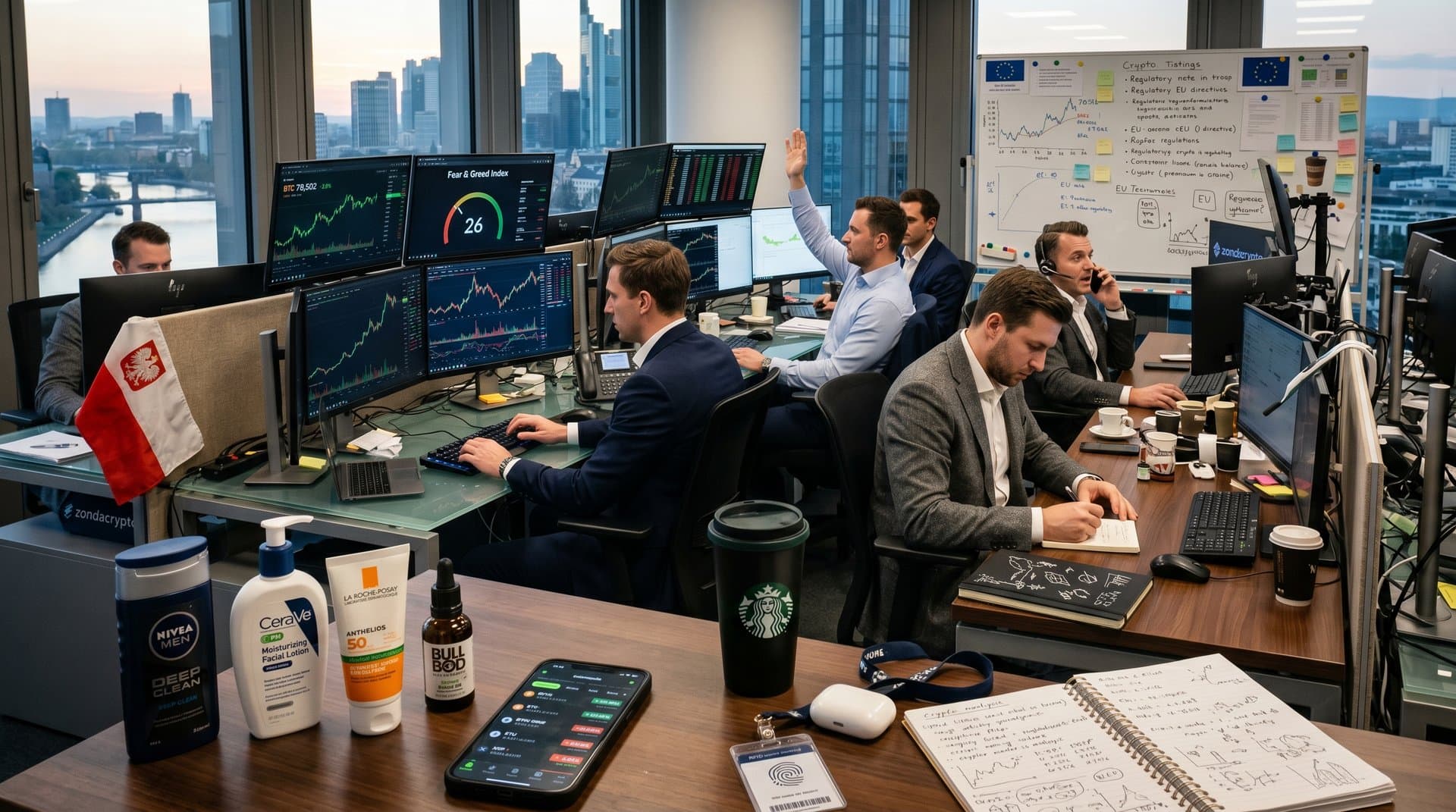 Crypto-Charts auf Trading-Floor mit Grooming-Produkten und Olympic-Elementen
