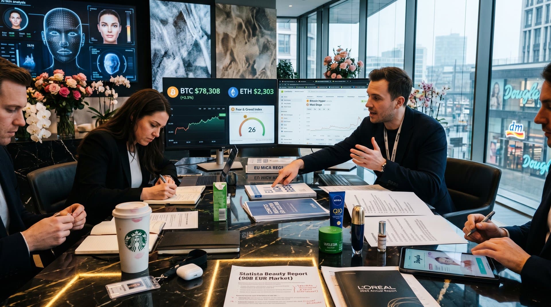Crypto-Charts mit BTC $78.308, INCI-Listen und Beauty-Produkte in Berliner Tech-Büro