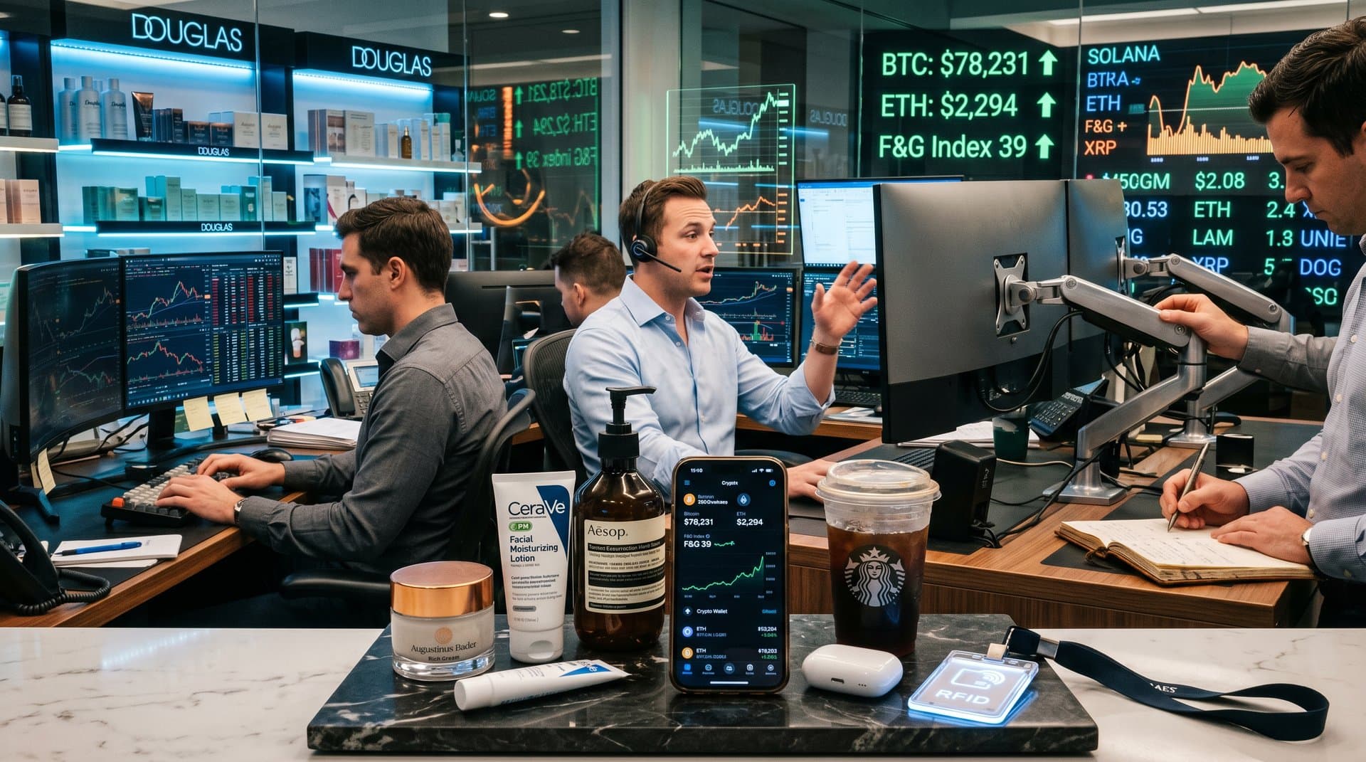 Crypto-Charts mit BTC bei 78k USD und Luxus-Beauty-Produkten auf Trading-Desk, Finance-Beauty-Fusion