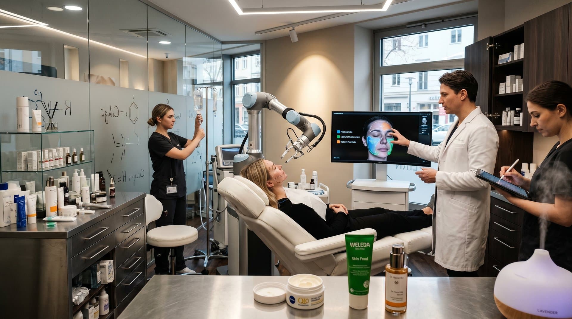 KI-chirurgischer Roboter in Beauty-Klinik mit Hautscans und Pflegeprodukten