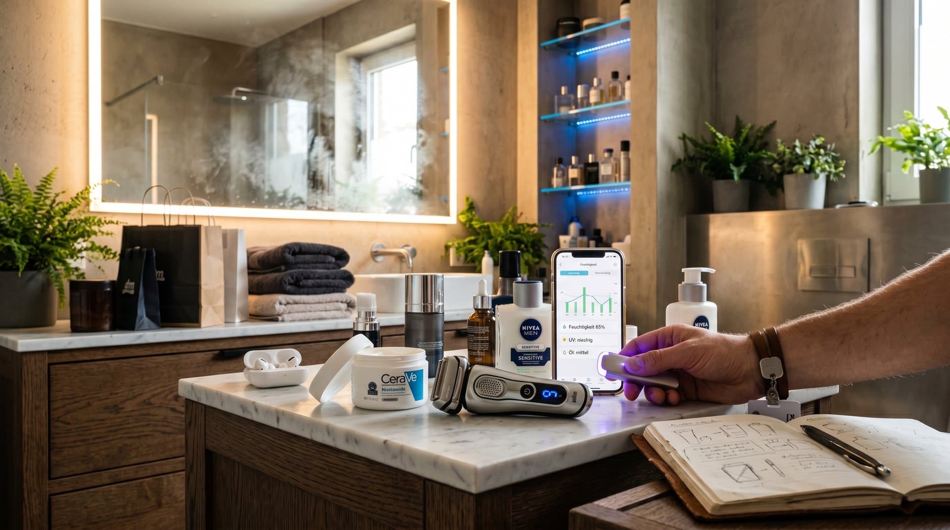 High-tech Badezimmer mit AI-Hautscan-App, CeraVe, Braun-Rasierer, Grooming-Produkte von dm/Douglas