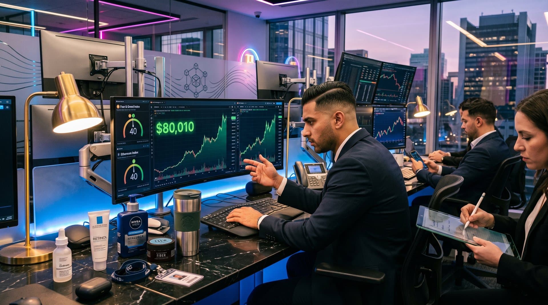 Crypto-Trader mit Grooming-Produkten und BTC-Charts in modernem Büro