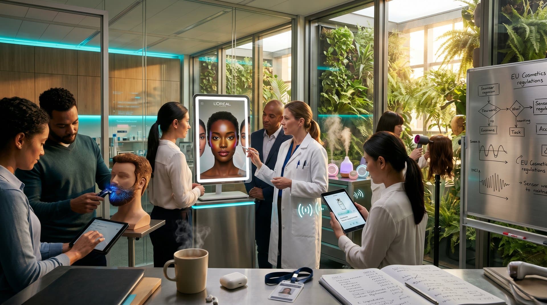 AI-Beauty-Tech-Lab mit Smart Mirror, INCI-Scans und haptischen Tools in hellem, innovativen Raum