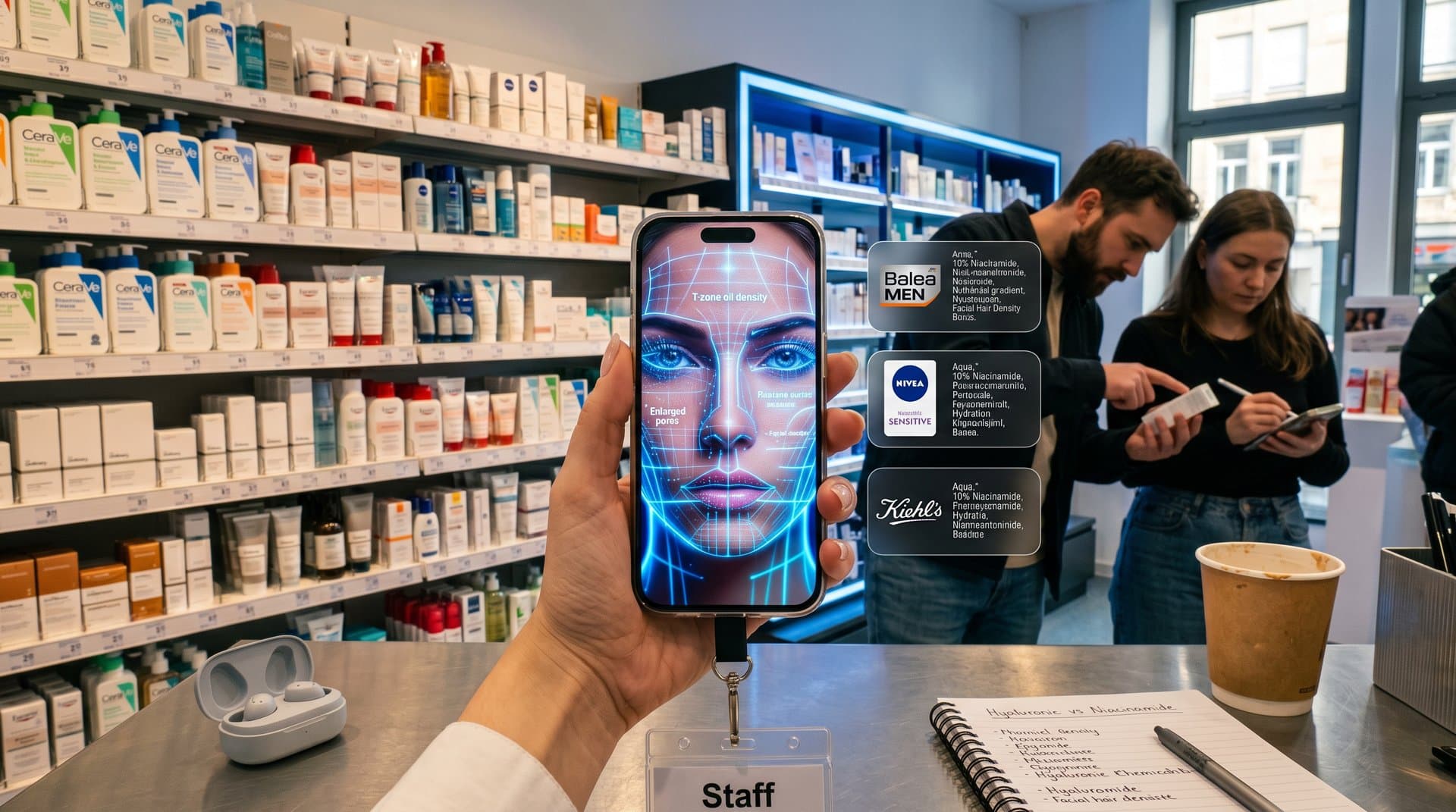 AI-Grooming-App scannt Haut, zeigt INCI und Routinen mit dm/Rossmann-Produkten
