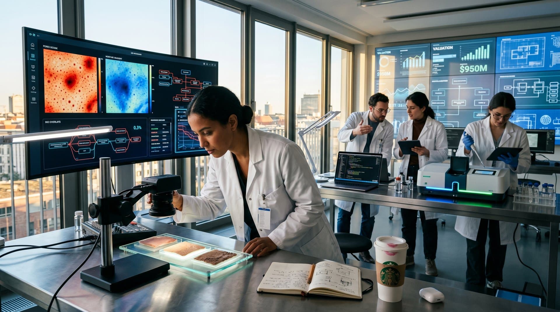 Beauty-Tech-Labor mit Hautproben, INCI-Daten und Finanzcharts für Sierra AI Beauty