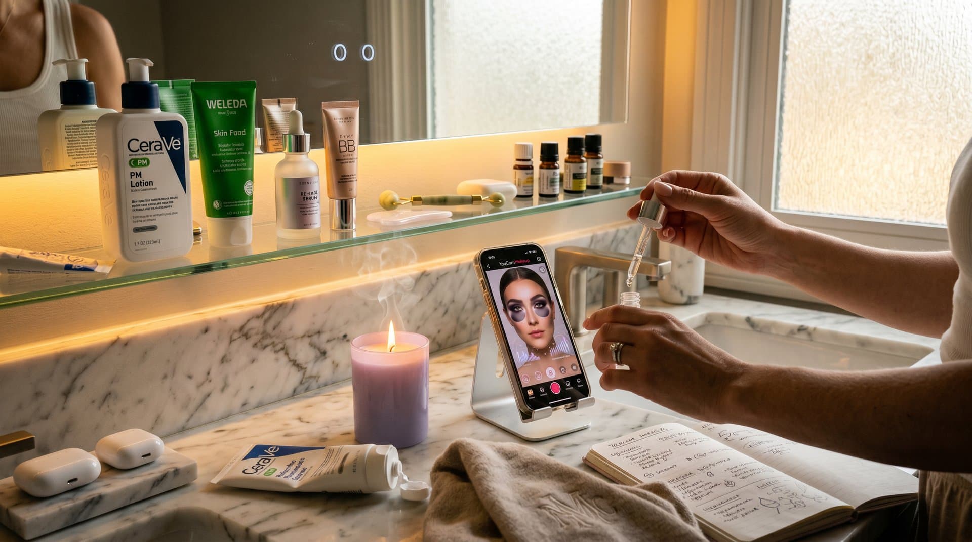 Smartphone mit KI-Beauty-App in modernem Badezimmer, virtuelle Try-ons und INCI-Produkte