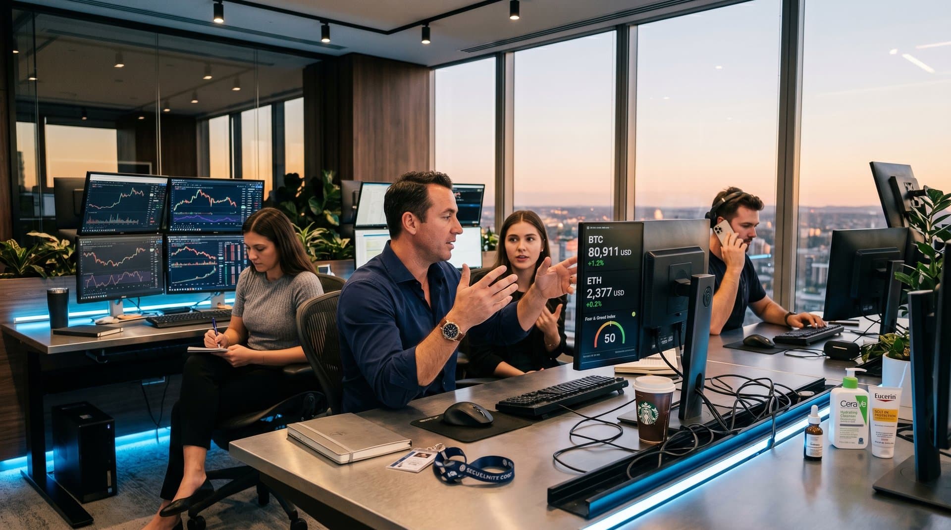 Crypto-Trader-Desk mit Trump Sun Pflegeroutine-Produkten und BTC-Charts bei 80.911 USD
