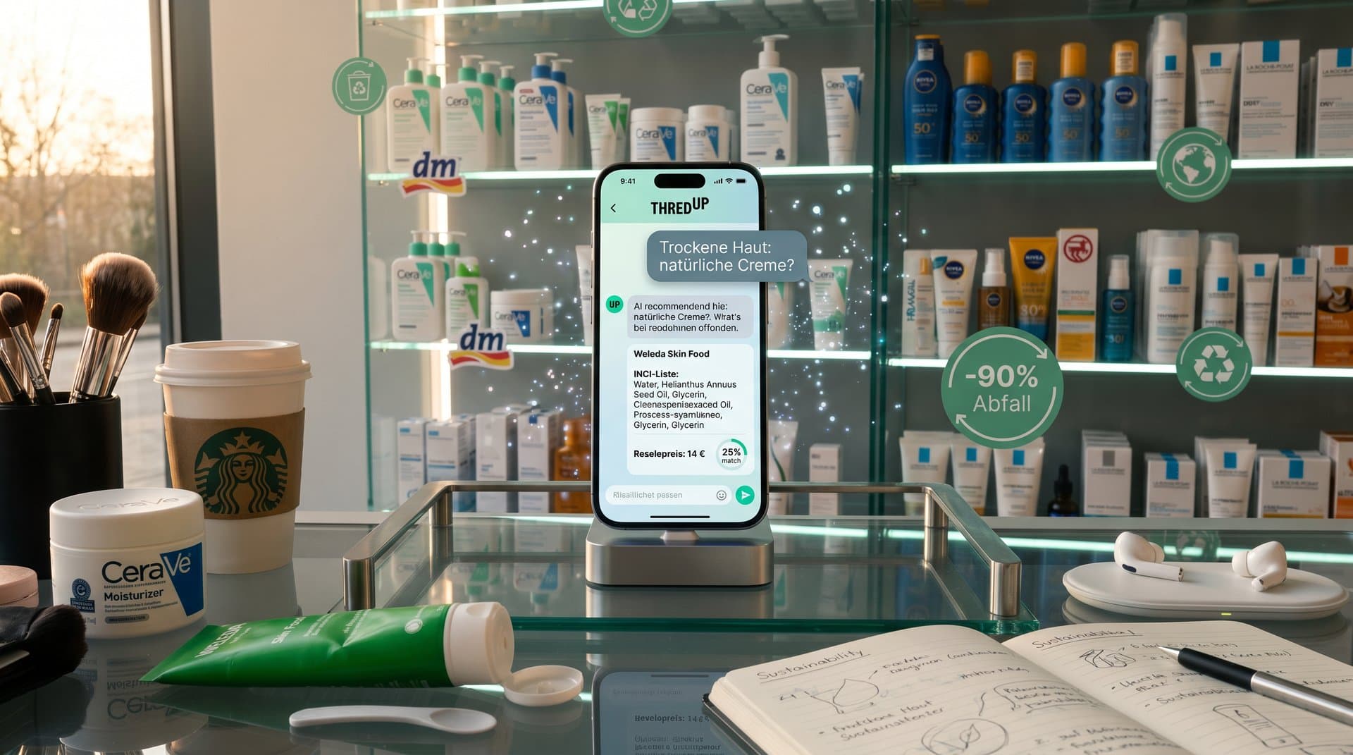 ThredUp AI Agenten Chat mit Beauty-INCI, Resale-Preisen und Nachhaltigkeits-Icons