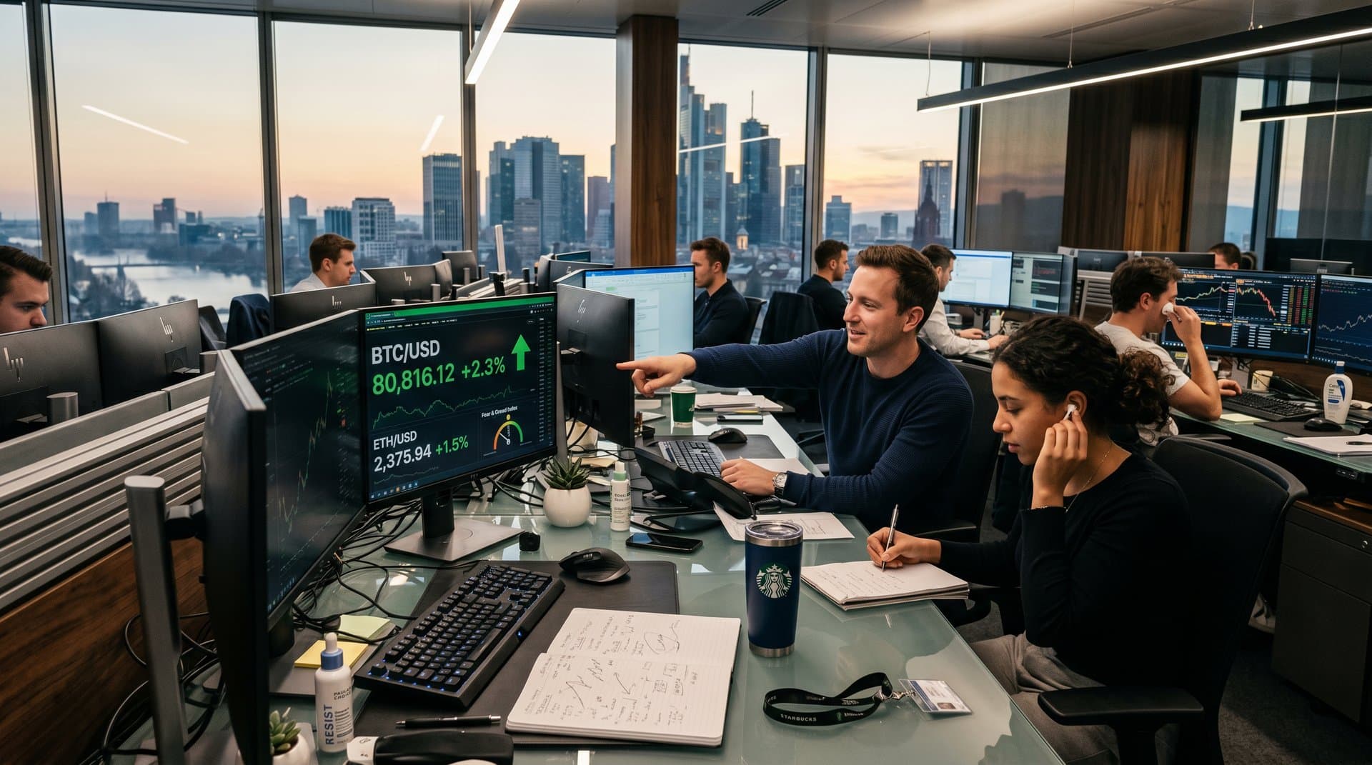 Trading-Desk mit Krypto-Charts, Niacinamide-Produkten und Fear & Greed Index in Frankfurt-Finanzwelt