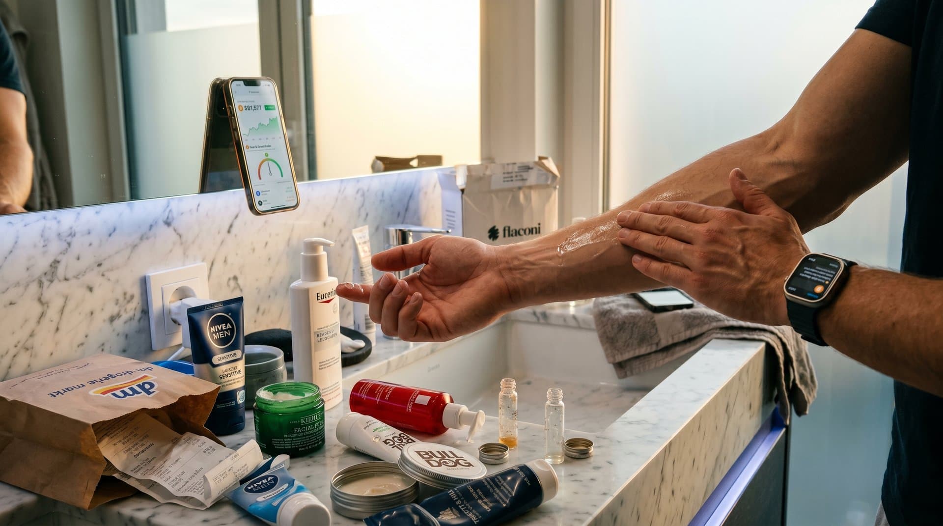 Hand wendet Grooming-Serum an, Spiegel zeigt Bitcoin bei 81.577 USD, Produkte von dm und Rossmann
