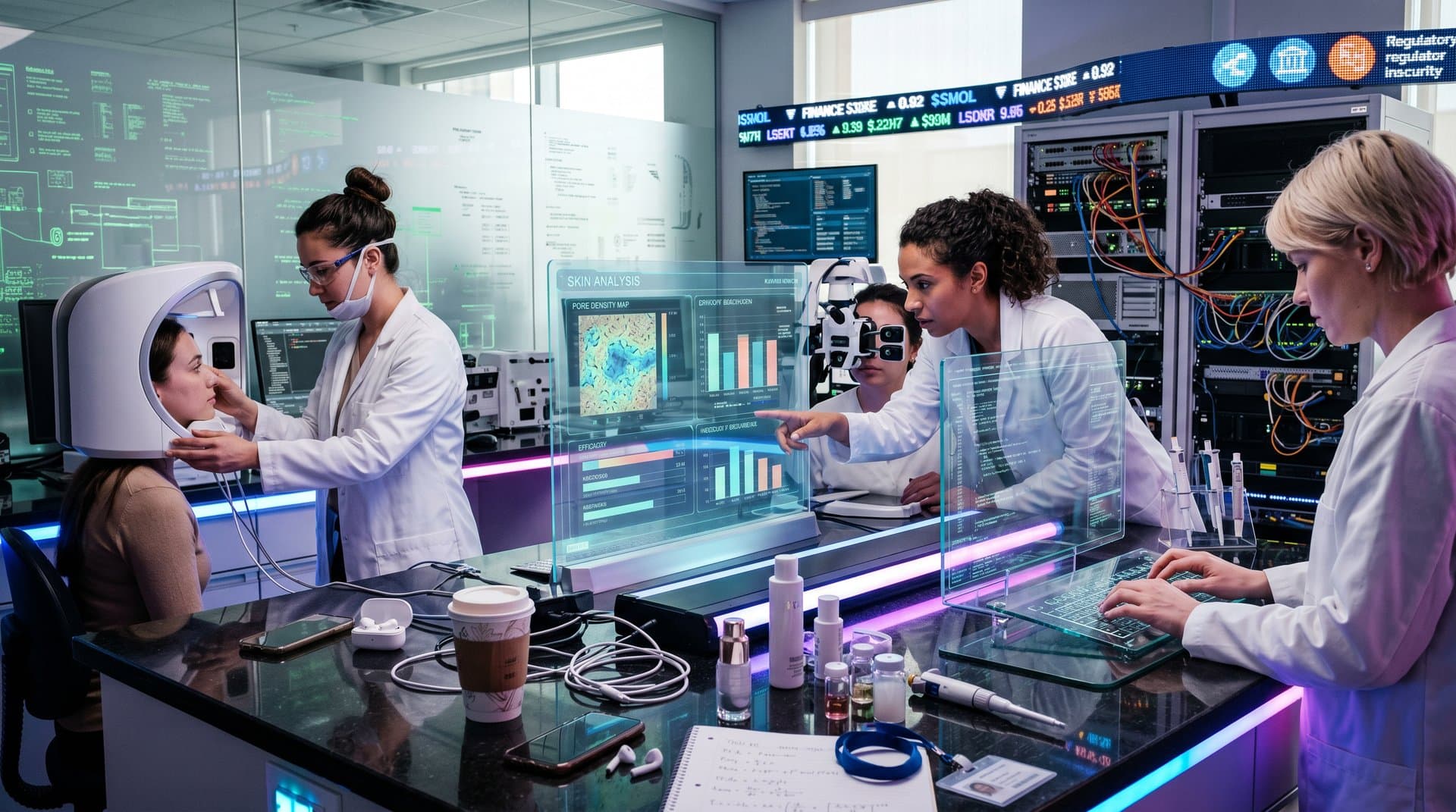AI Skincare Analyzer und Beauty Tech Geräte in modernem Labor mit Hautanalysen auf Bildschirmen
