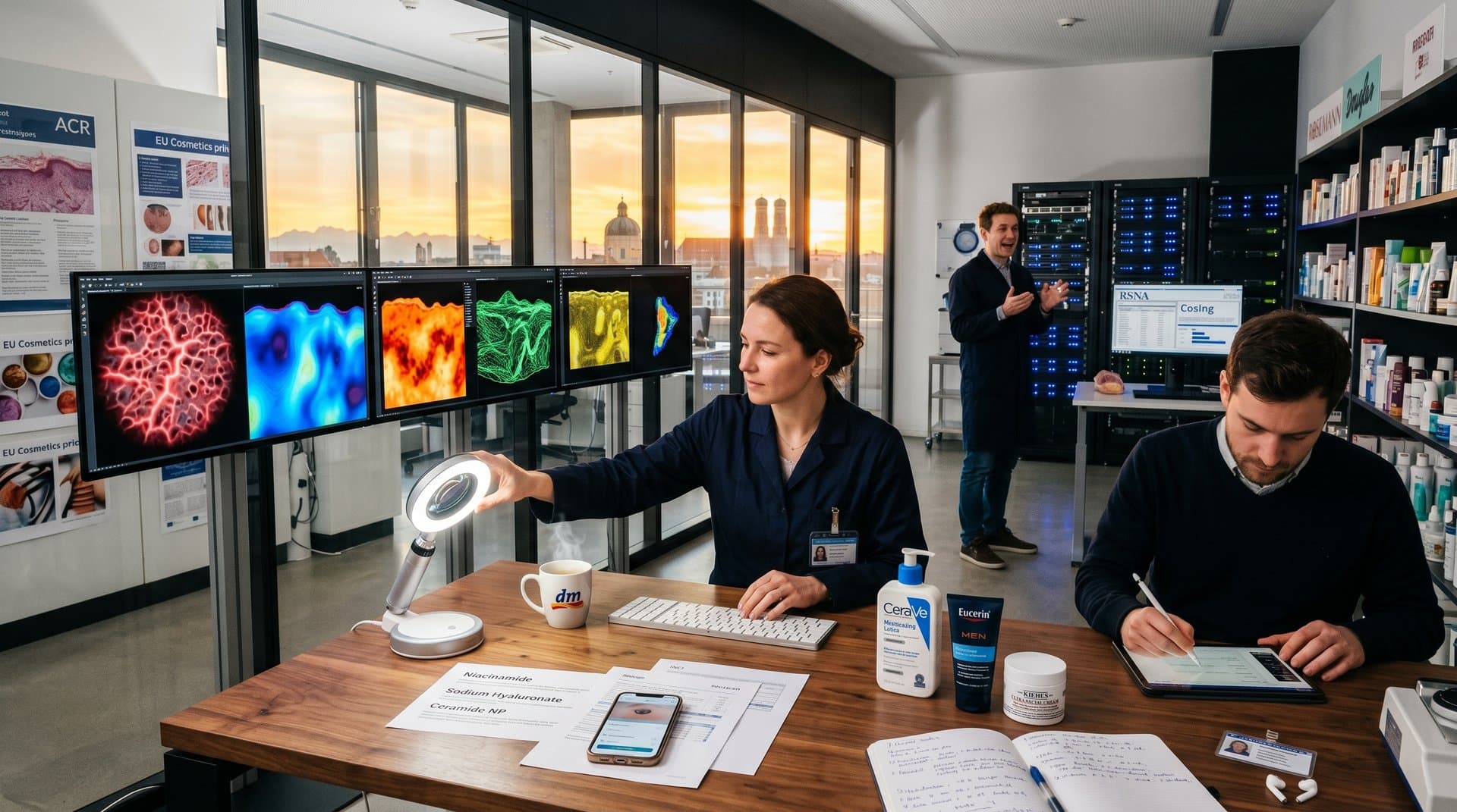 KI-Hautbild-Scans auf Touchscreen in High-Tech-Lab mit Dermatoskop und Servern