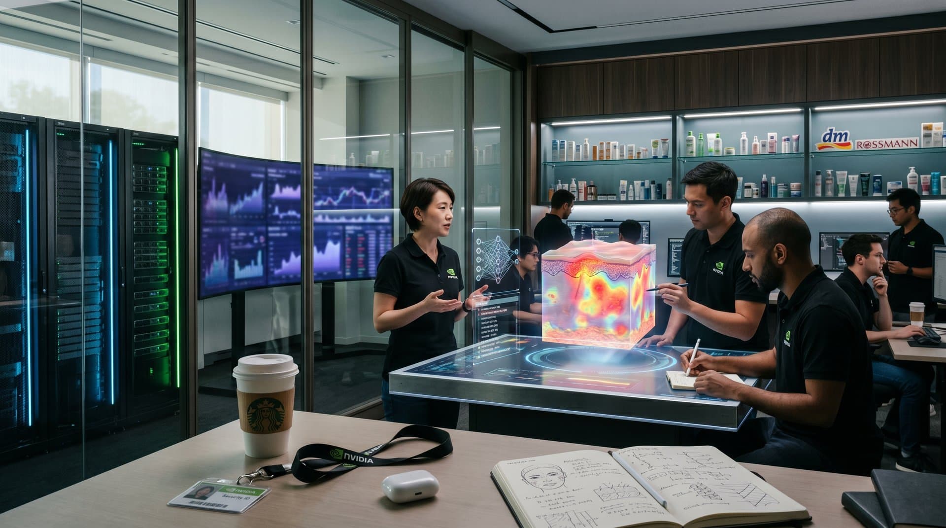 NVIDIA AI-Labor mit Hautanalysen, Heatmaps, Drogerie-Produkten und Stock-Charts in futuristischem Design