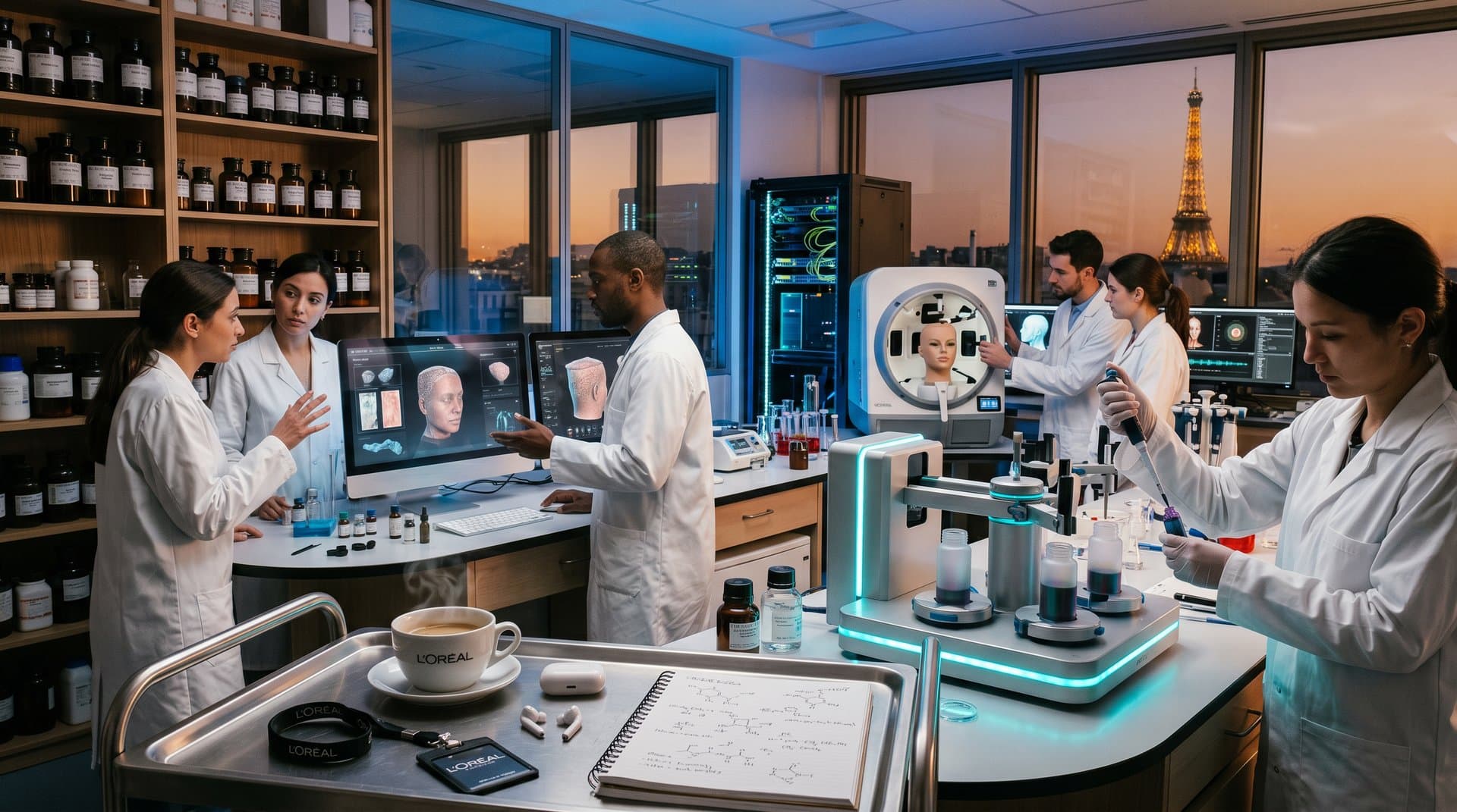 L'Oréal R&D-Lab: AI-Skincare-Scans und Serum-Mixer auf High-End-Monitors