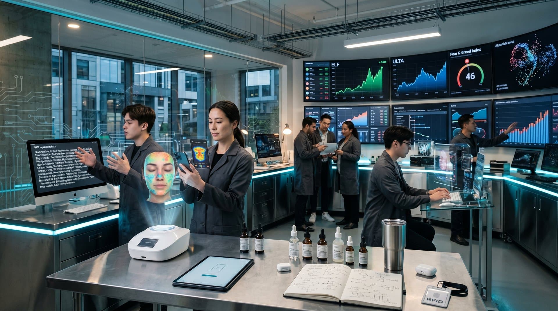 AI-Skin-Analyse in Beauty-Tech-Lab mit Nasdaq-Charts und deutschen Produkten