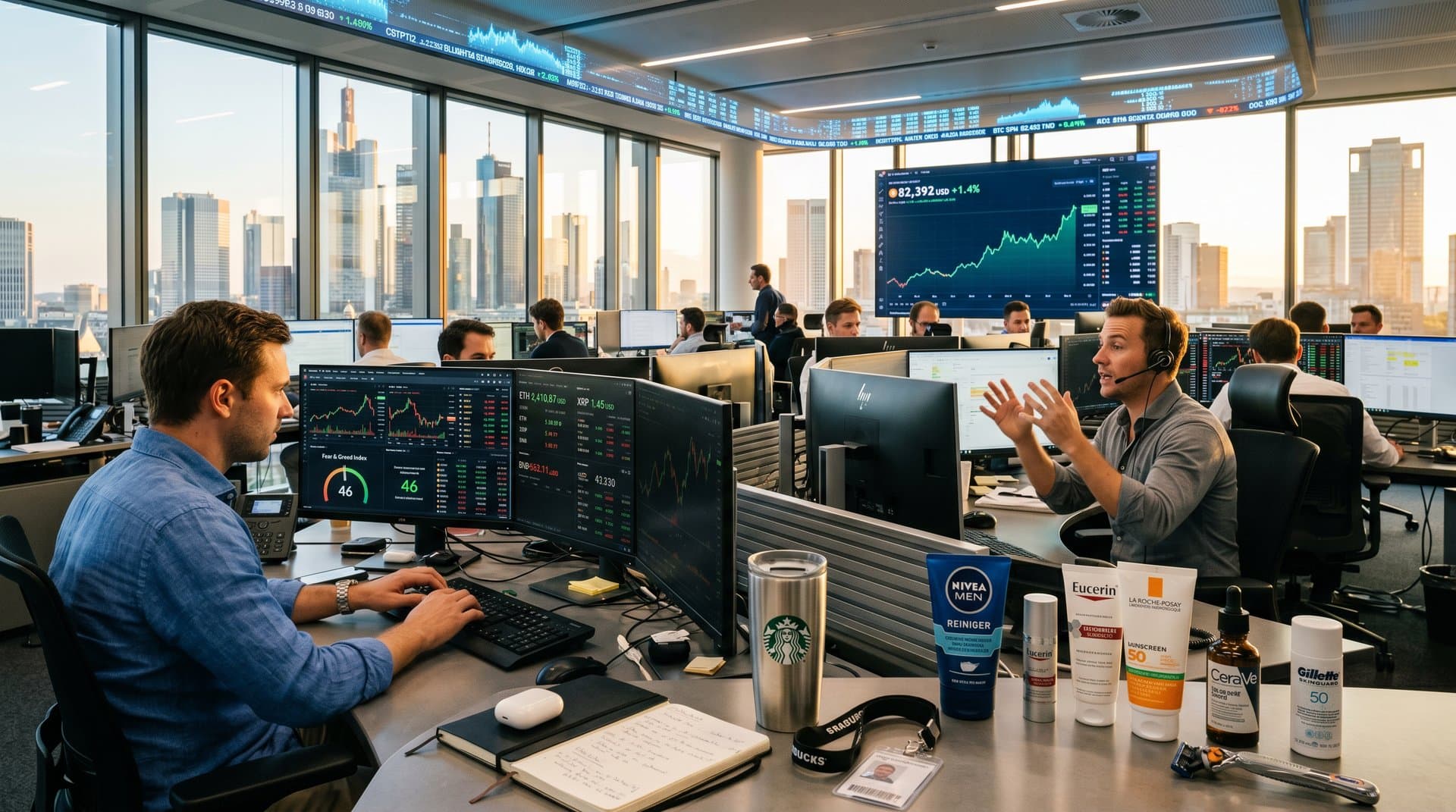 Trading-Setup mit Crypto-Charts und Herrenpflege-Produkten in modernem Office