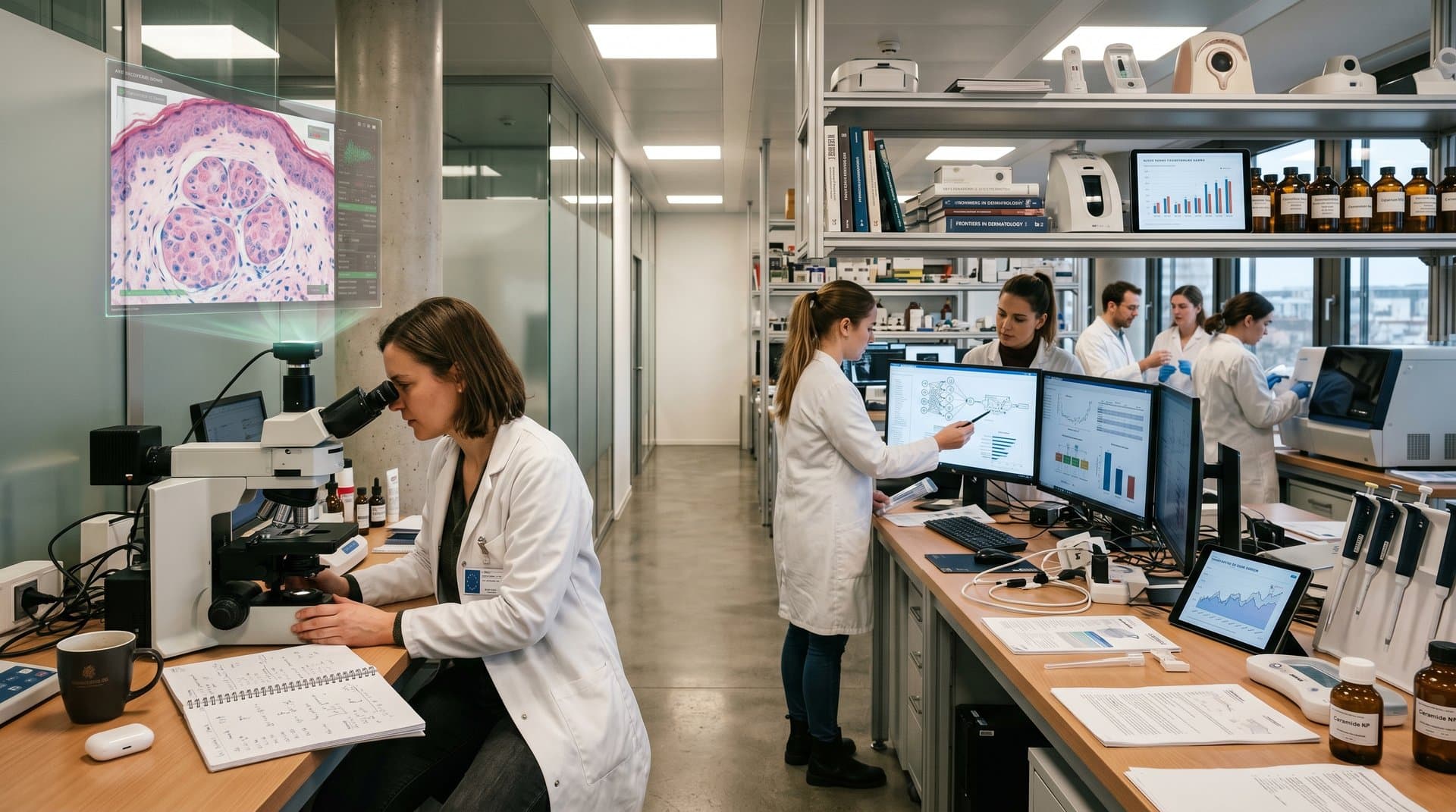 KI-Overlay auf Hautzellen unter Mikroskop in Beauty-Tech-Lab mit Monitoren und futuristischen Stationen